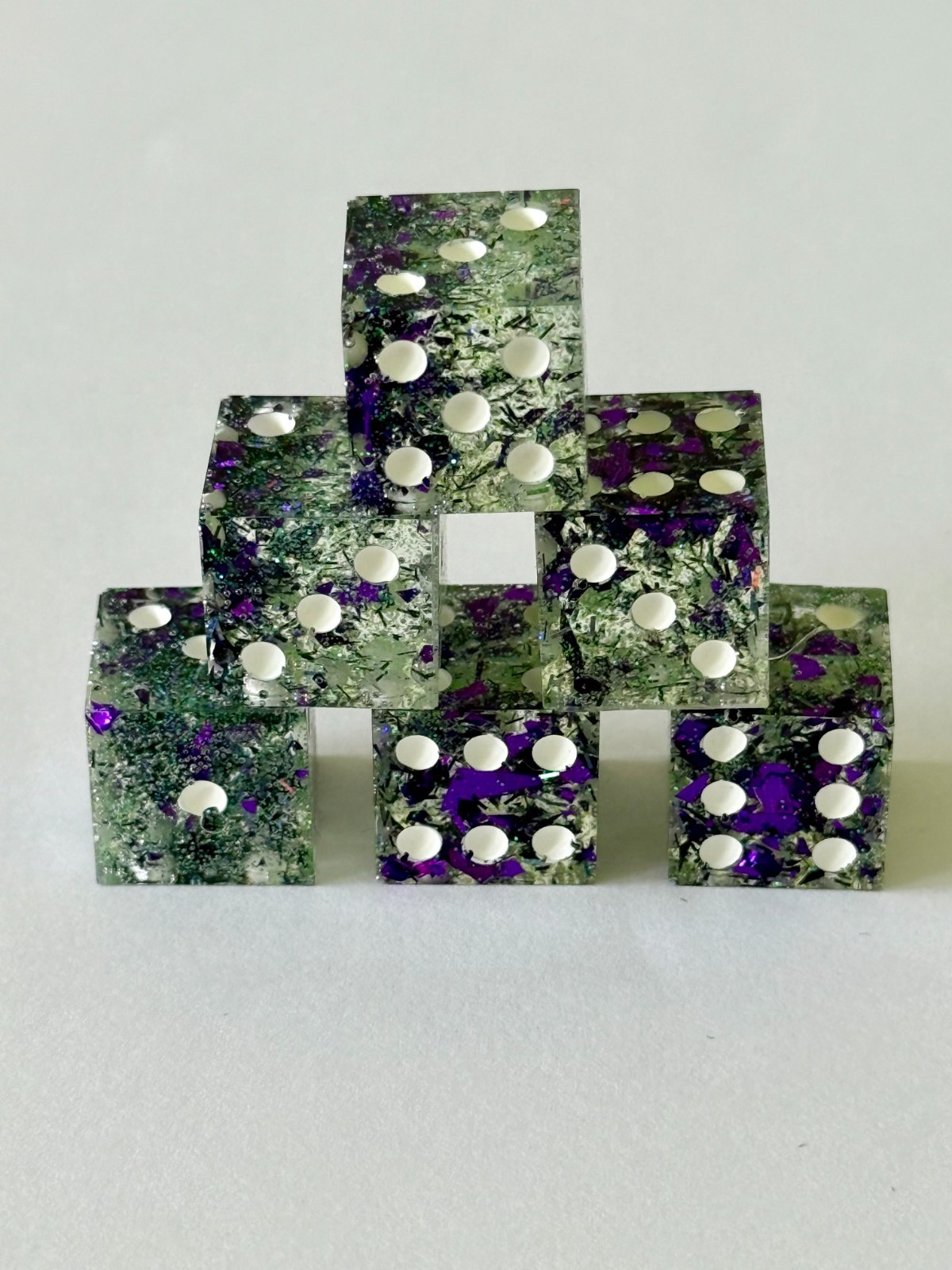 Resin Dice Set 6pcs – Purple Green Foil Sparkles Handmade Replacement Dice Games