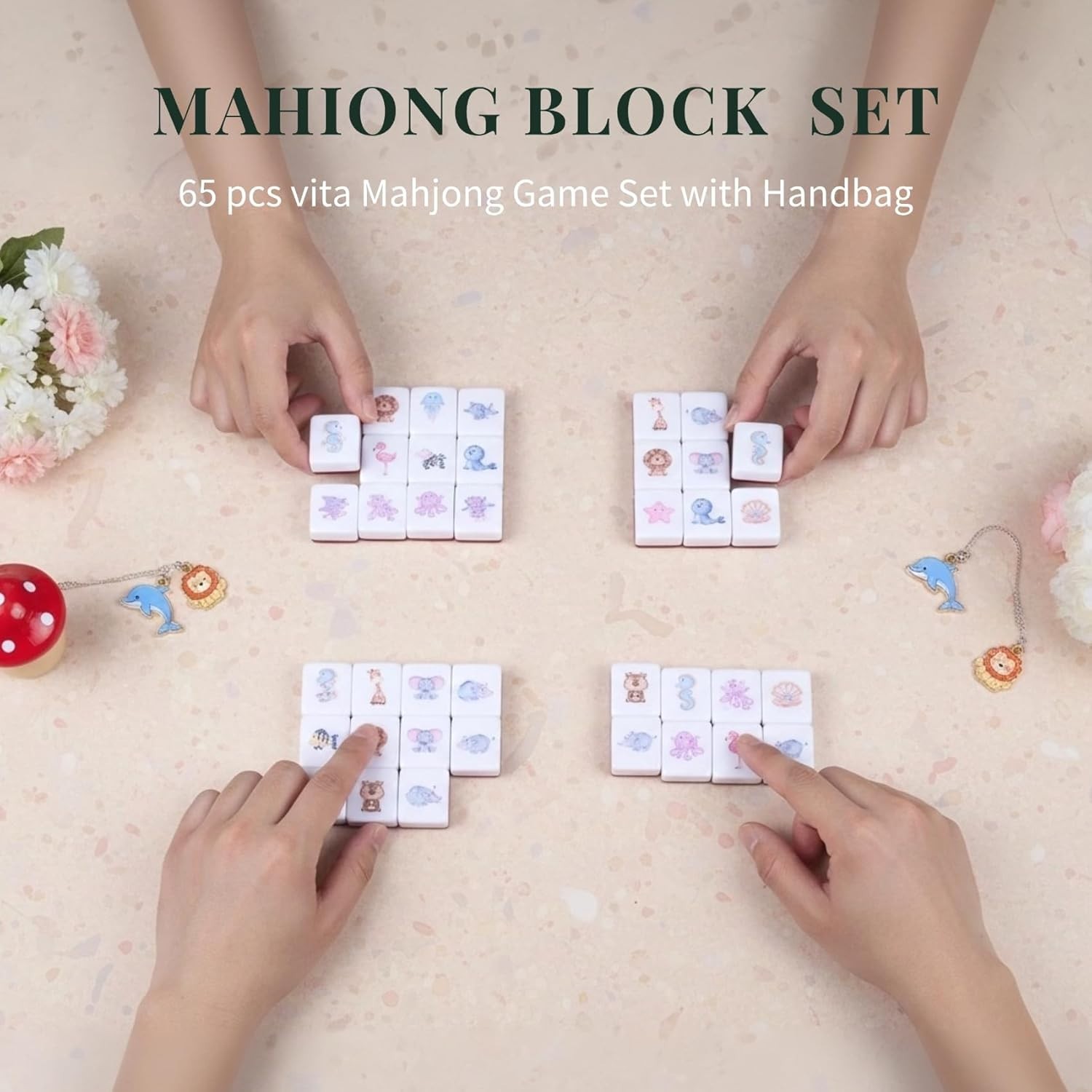 Portable Mahjong for Kids Block Set 65 pcs with Handbag for Travel Family Game