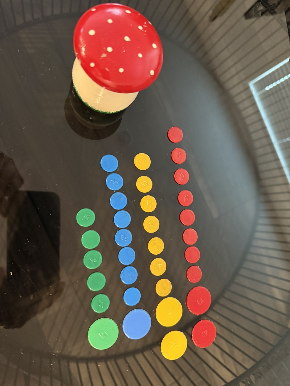 Vintage Wooden Mushroom Container with Tiddlywinks Game Inside.