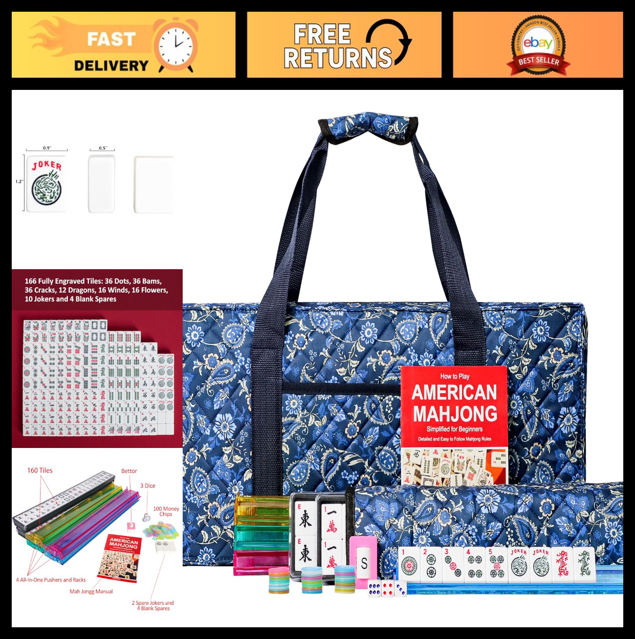 Mahjong Set with Blue Carrying Bag, 166 White Tiles, 4 Racks & Pushers, Game Set
