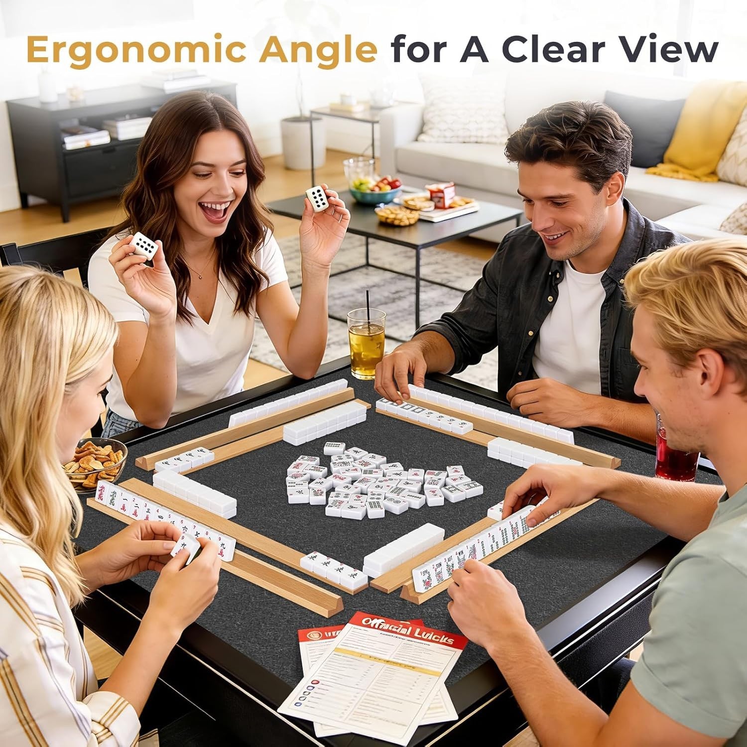 Wooden Mahjong Racks with Pushers, Set of 4, Solid Wood Tile Racks with Push Sli