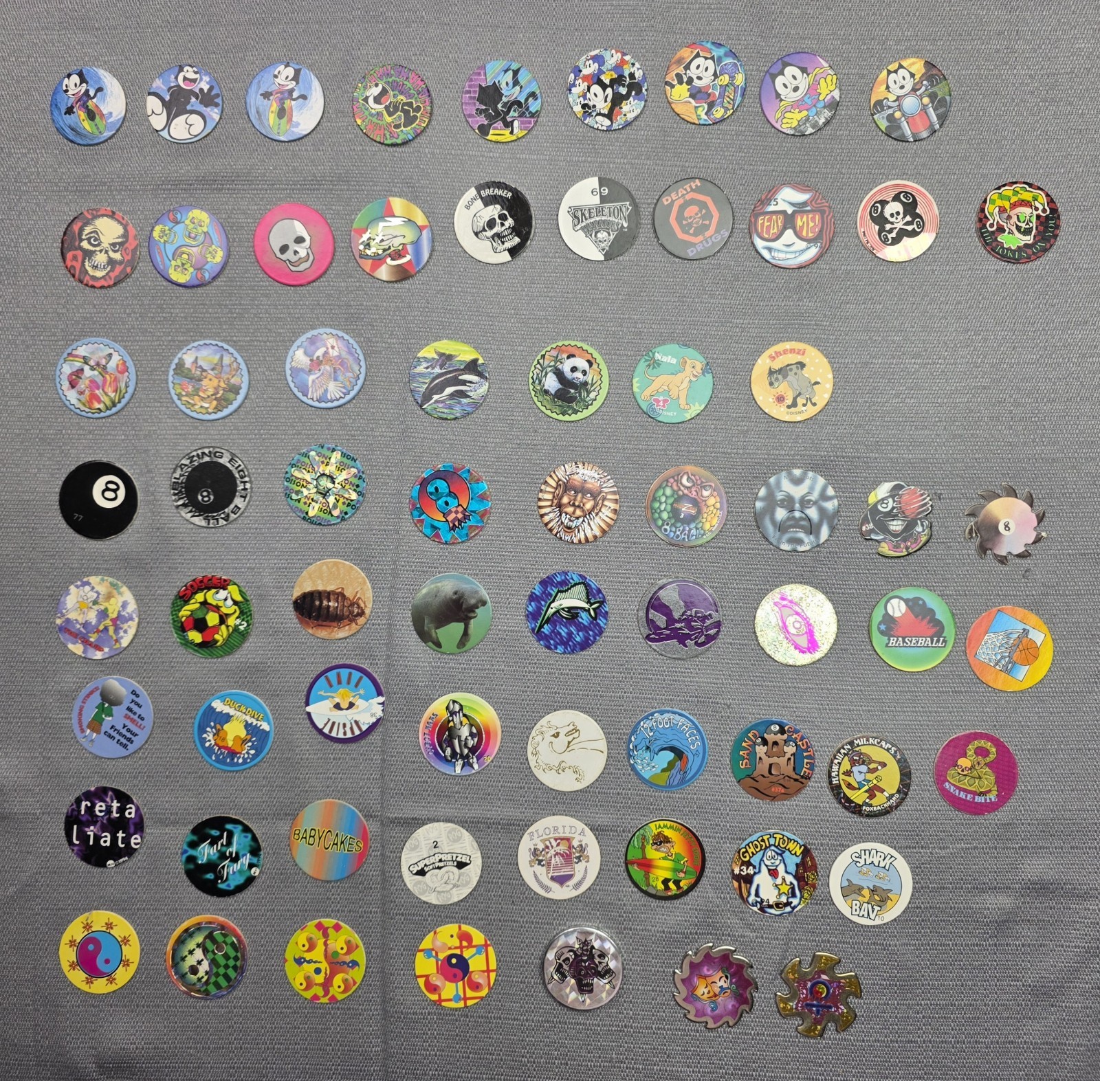 Vintage 90s POG Milk Caps Lot Of 68 Pogs + 3 Slammers + Container
