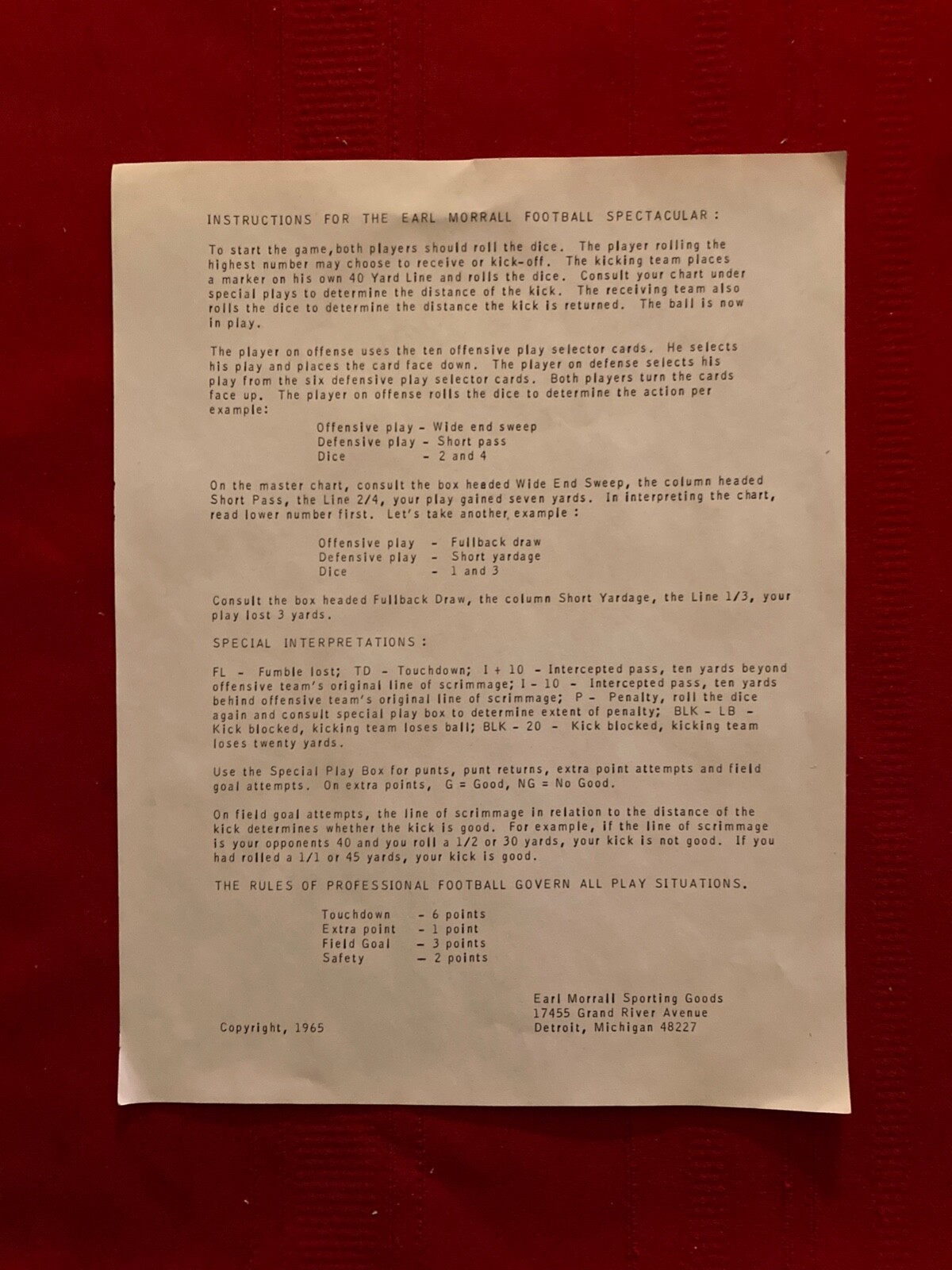 1965 Earl Morrall Football Spectacular game / Unplayed / Colts / 1972 Dolphins