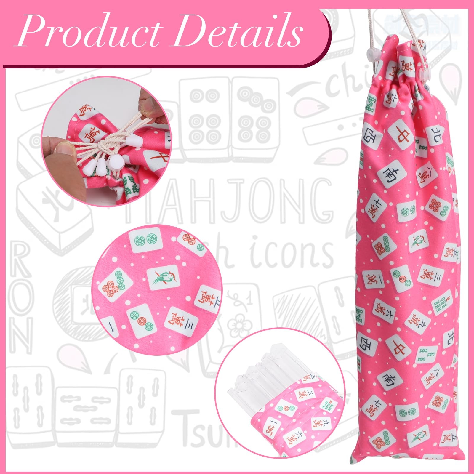 Mahjong Rack Bag, Velvet Drawstring Storage Pouch with Mahjong Print, Fits 4 .