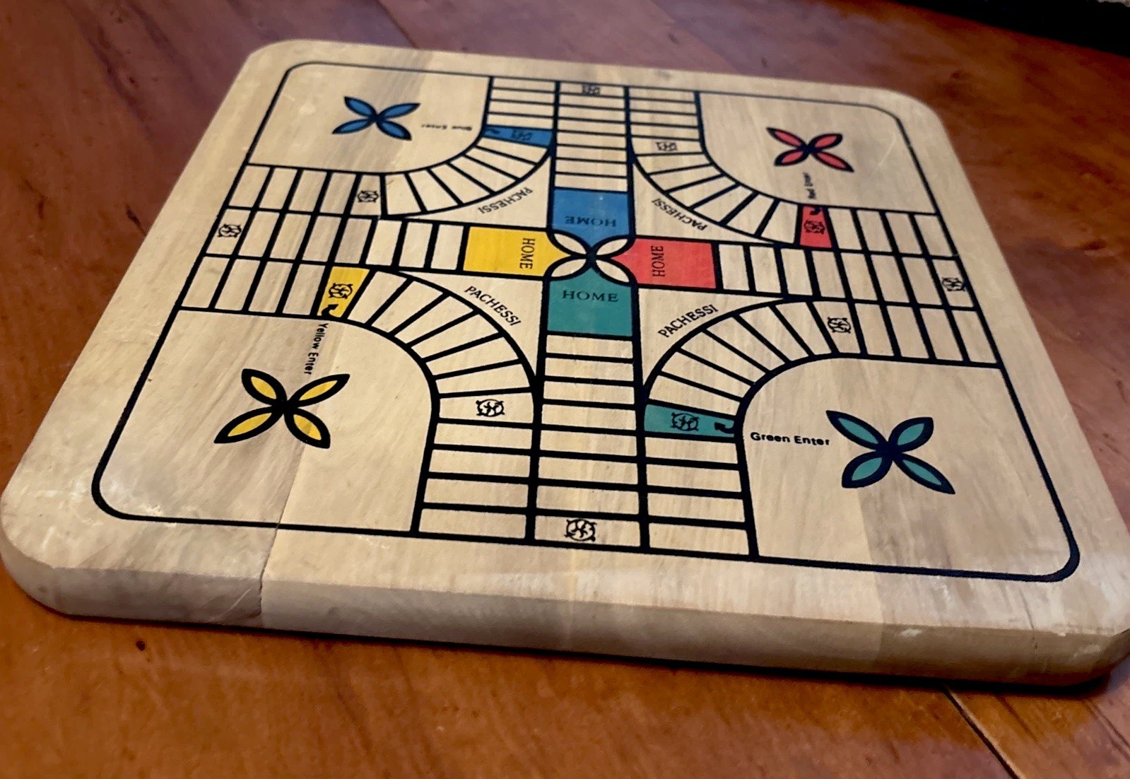Vintage Wooden Painted Reversible Chess/Checkers/Pachesi Board Game 11″