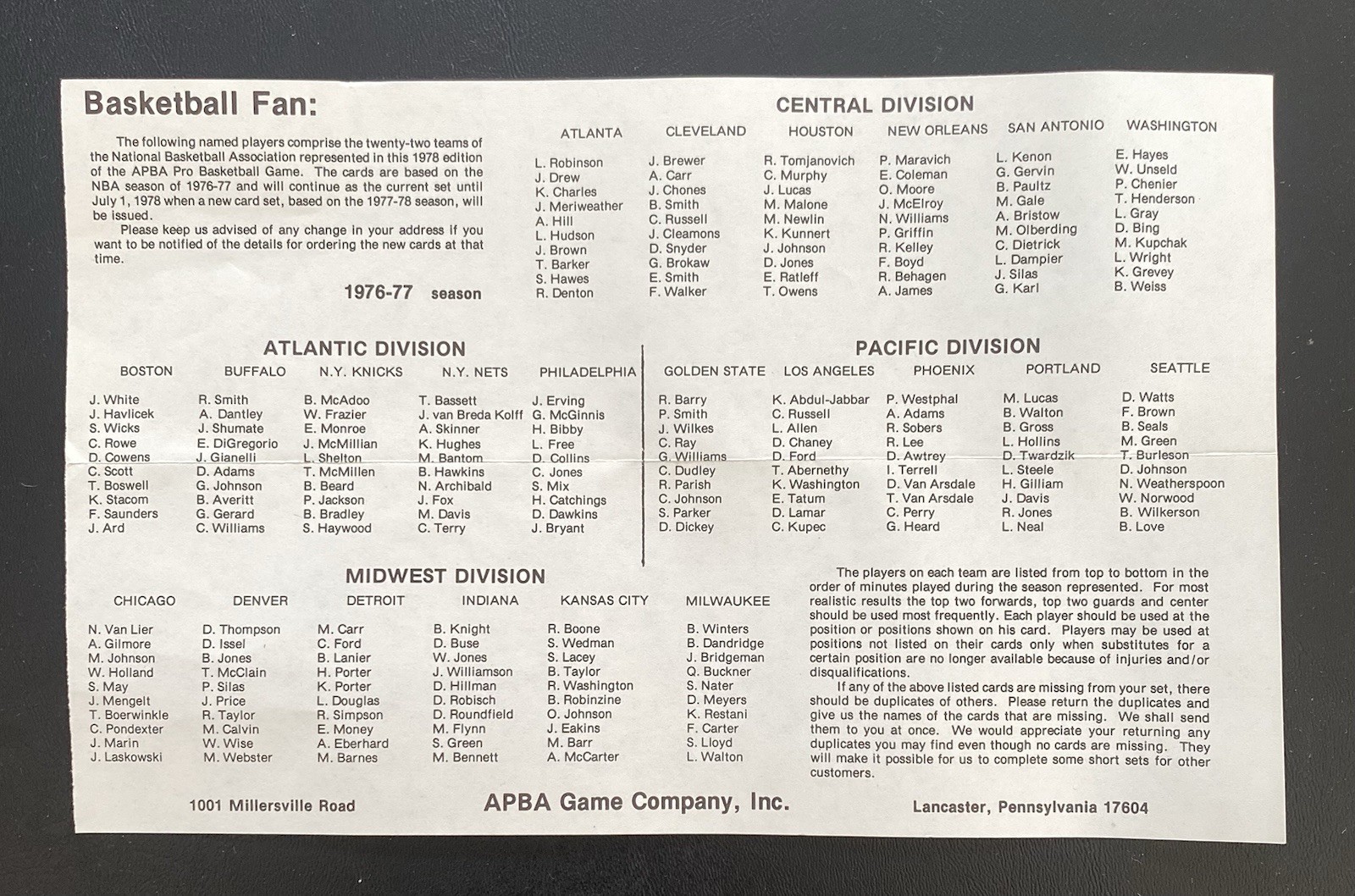 Vintage 1976-77 Season APBA Basketball Card Set Plus Roster MINT New Never Used