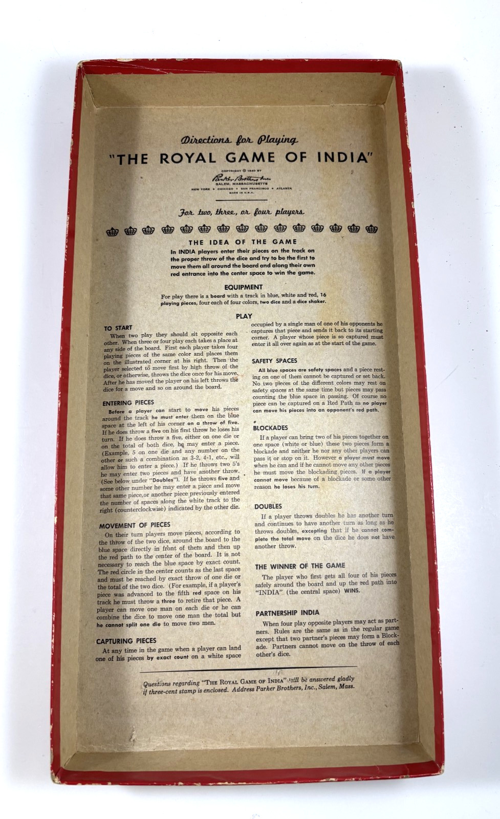 The Royal Game of India Board Game 1940 Parker Bro. 4 Players Complete