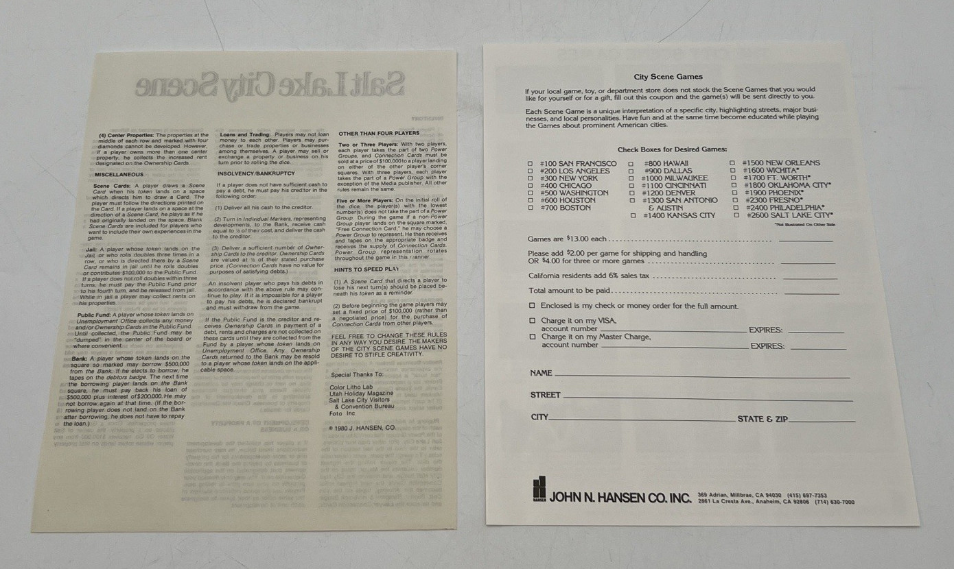 1980 SALT LAKE CITY SCENE BOARD GAME BY HANSEN STOCK NUMBER 2600
