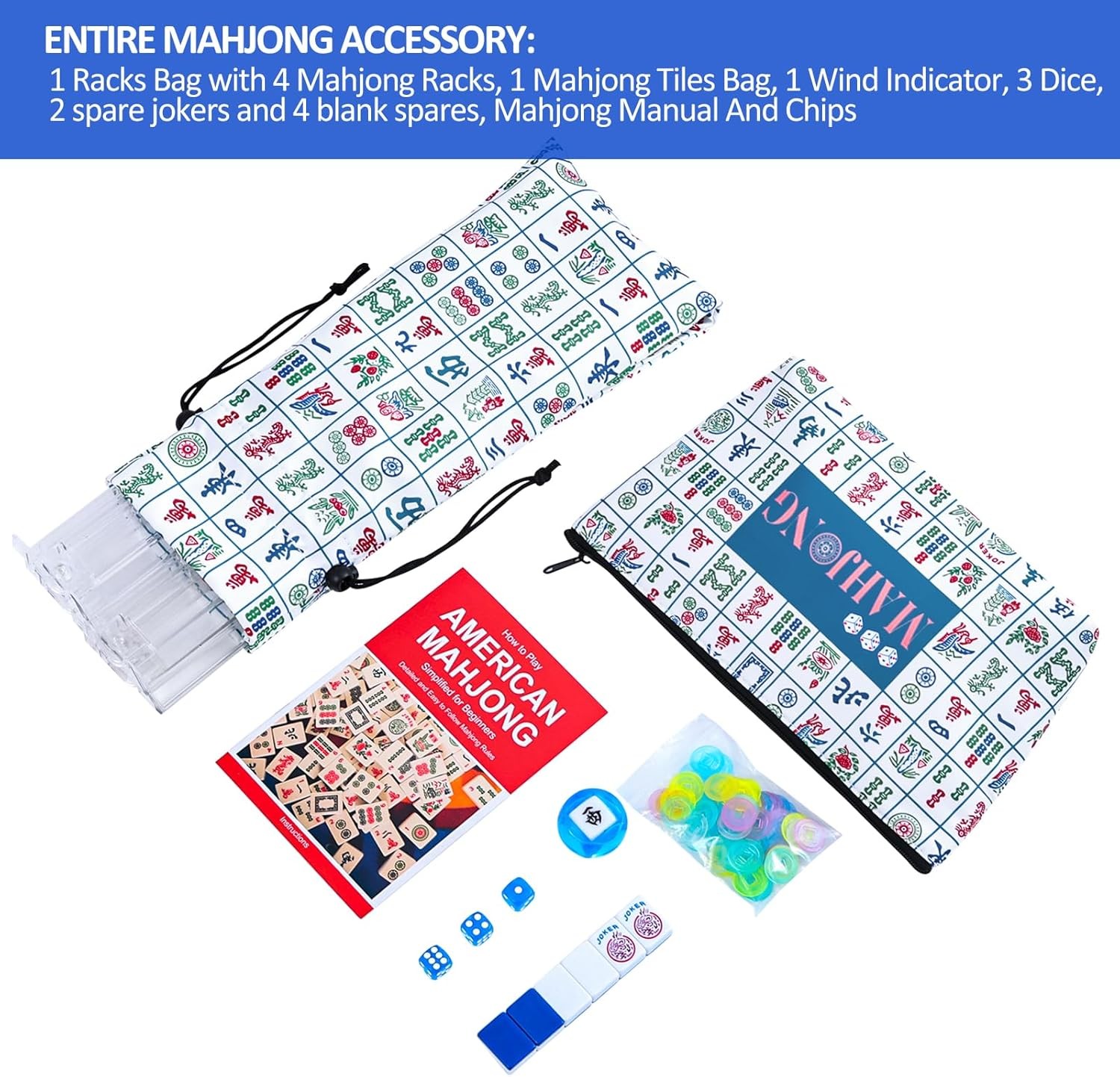 American Mahjong Set: 166 Dark Blue Tiles, 4 Clear Racks with Pushers, Mahjong B