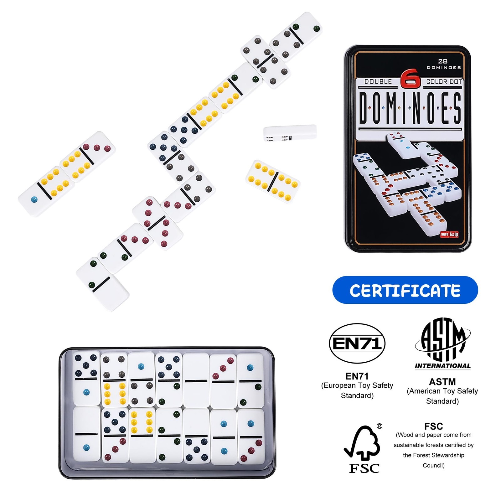Double Six Dominoes Set for Adults, Classic Domino Game with Tin Box – 28 Tiles