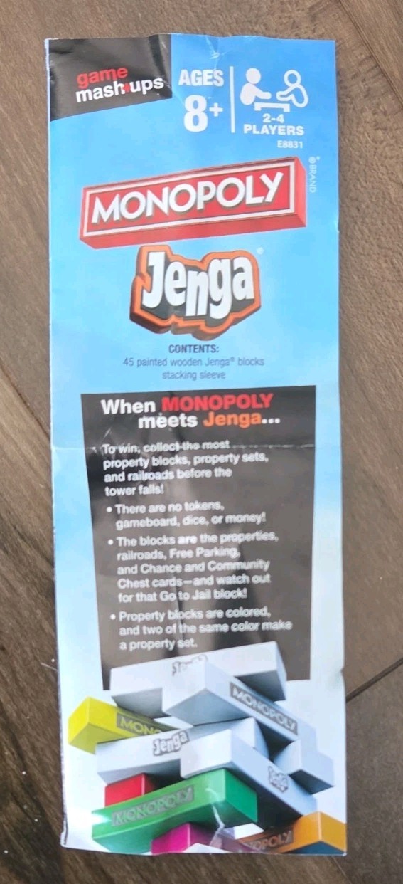 Hasbro Gaming Game Mash Ups Monopoly Jenga 2 To 4 Players Ages 8 Years & Up