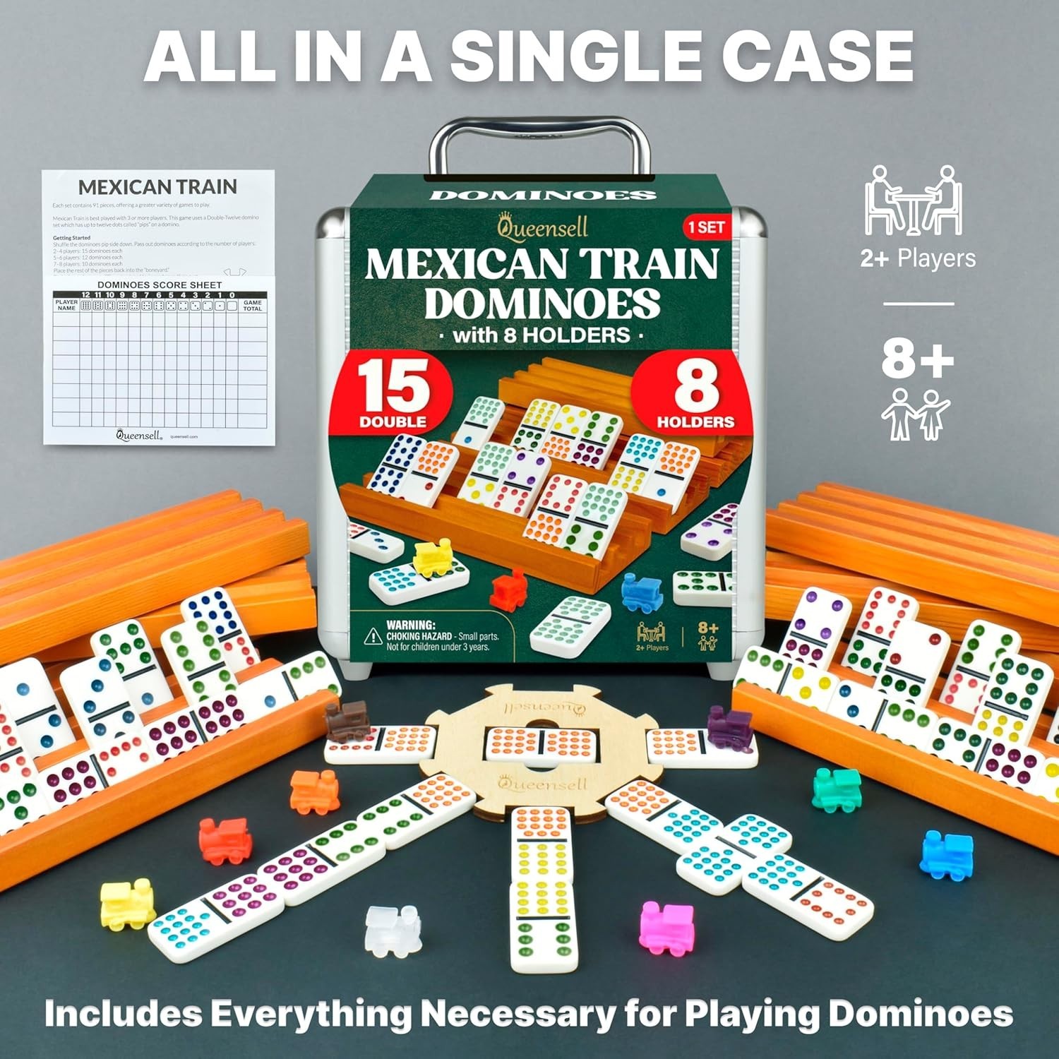 Queensell Mexican Train Dominoes Set Double 15 with 8 Holders – Wooden Hub and T