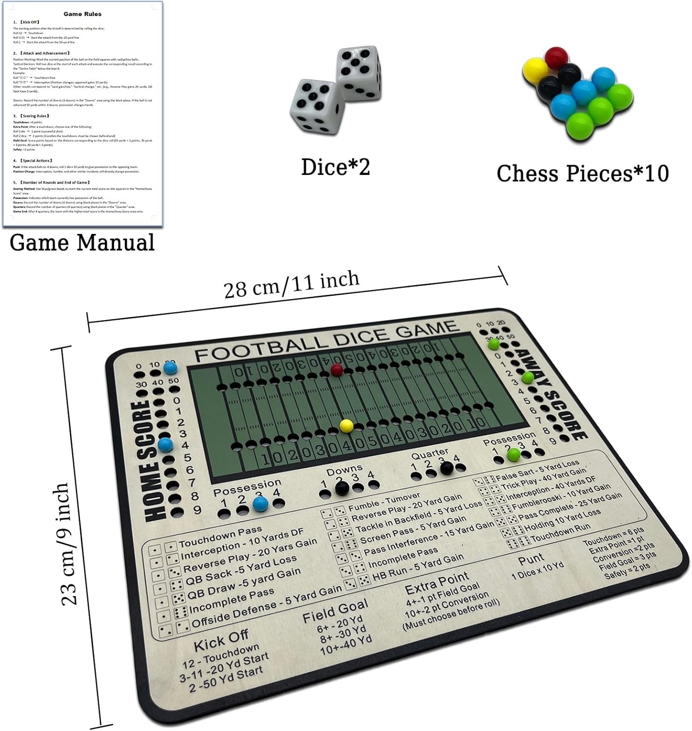 Football Dice Game – Tabletop Wooden Board Game with Scoring Track for Family Fu
