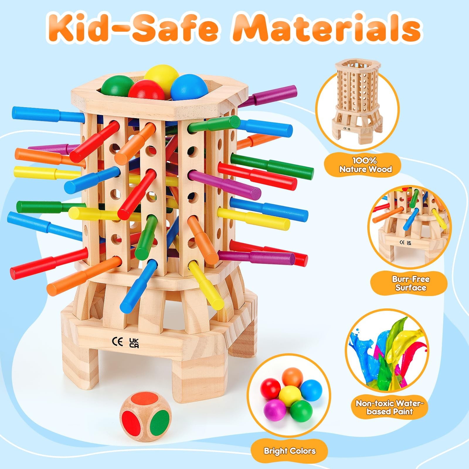 Montessori Wooden Board Game, Colorful Sticks & Ball Drop Games for Kids, Fine