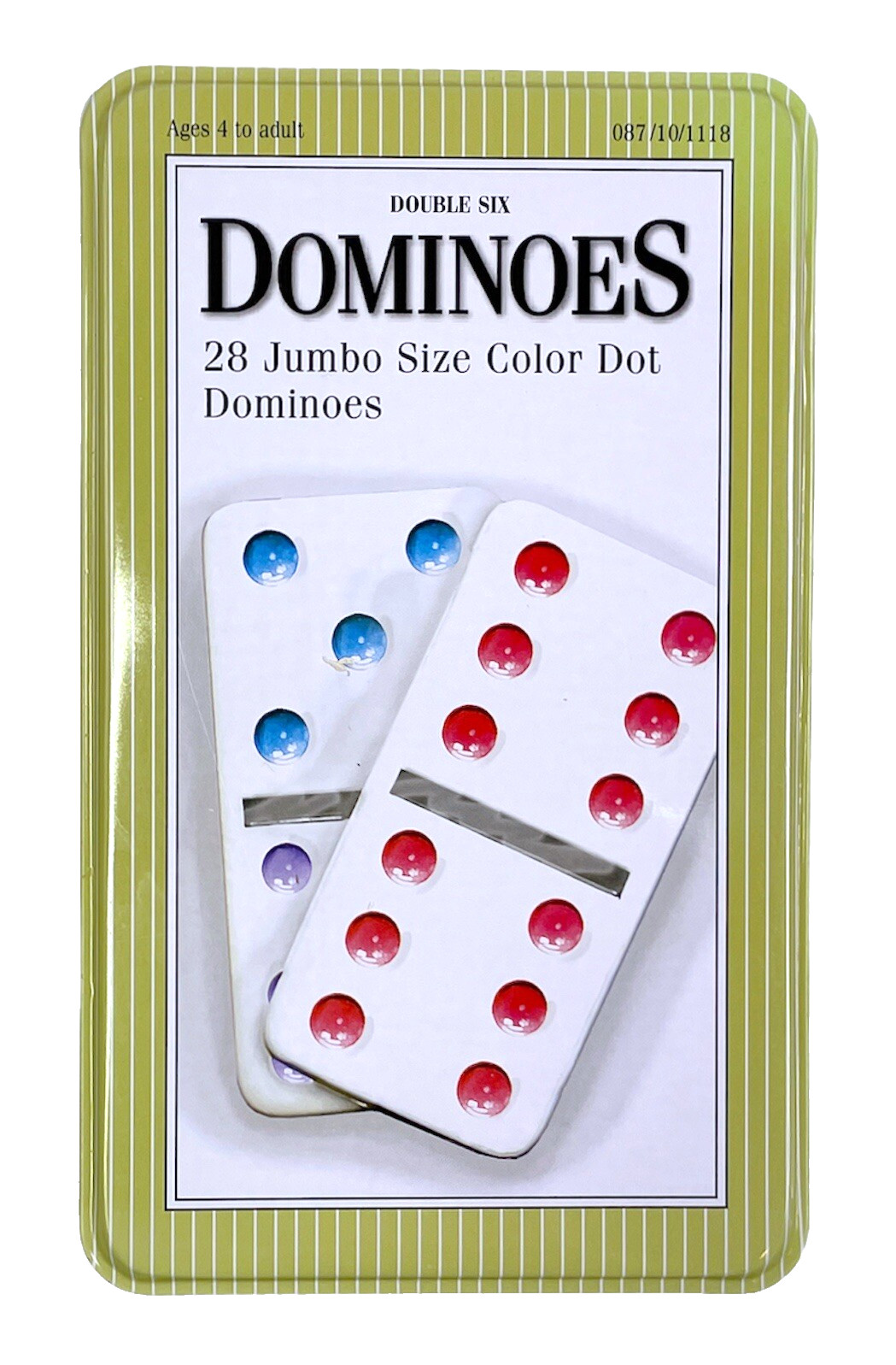 Double Six Jumbo Dominoes Colored Dots in Yellow Tin Storage Box *READ*