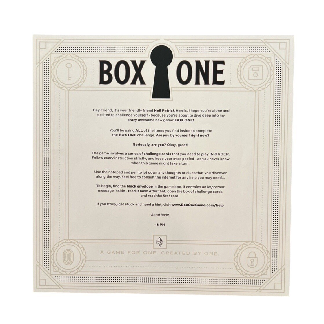 Box One Game Neil Patrick Harris Solo Theory11 Escape Room 100% Complete & Reset