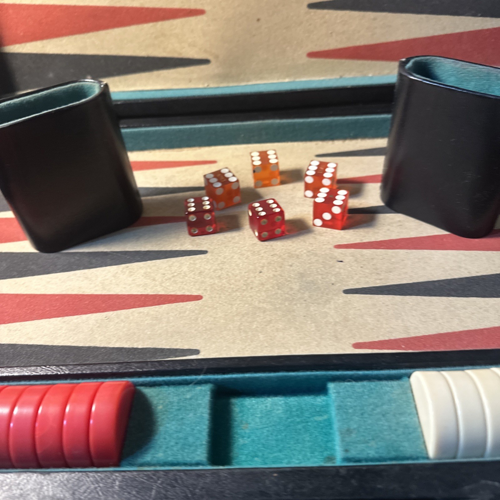 VTG Backgammon Board Game Set Faux Leather Brown Tan/black-red Stripes 18X12”