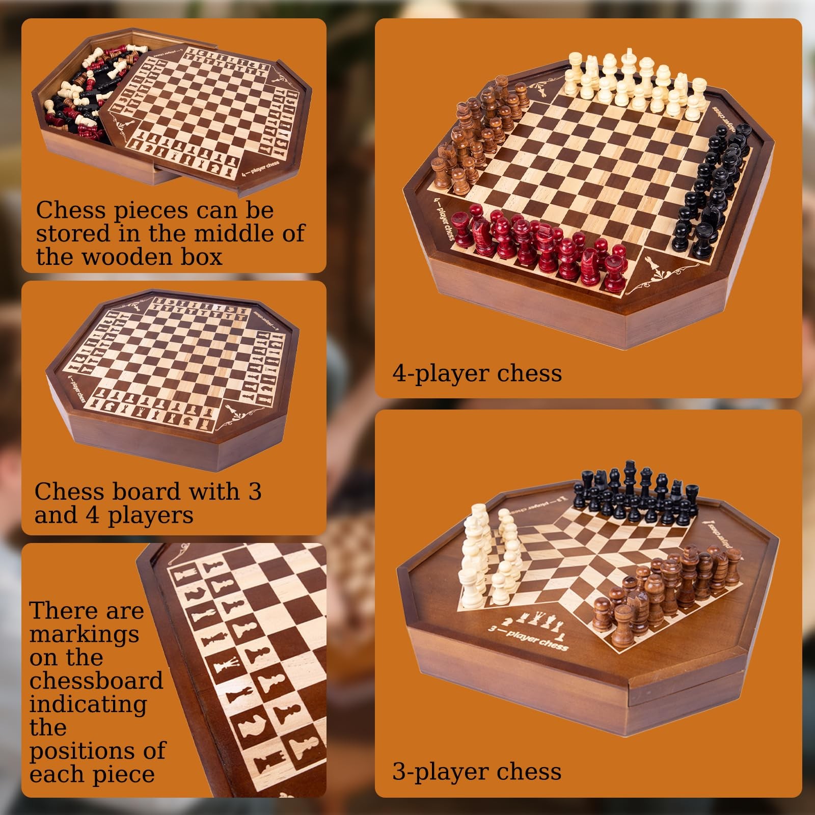 3 or 4 Player Wooden Chess Board Game Set, Chess Game,IQ Game, A Chessboard w…