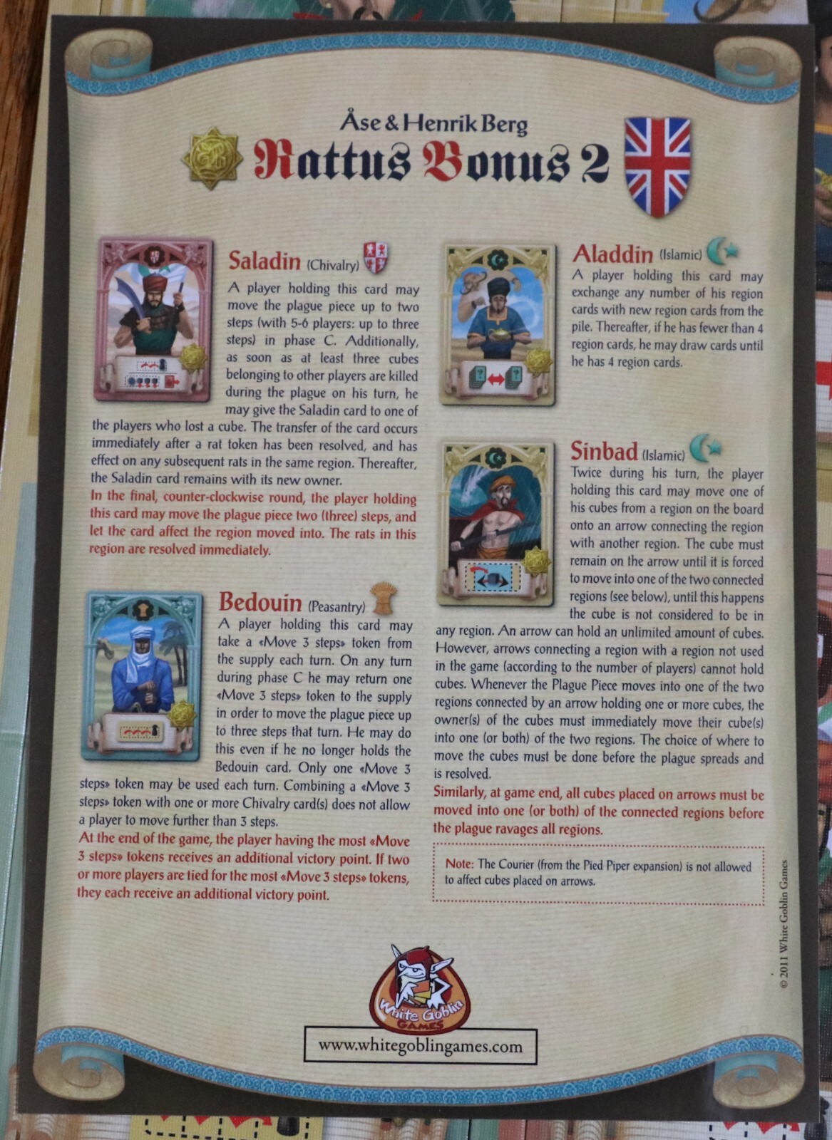 Rattus Board Game Spiel 2011 Promo Bonus Cards Saladin Aladdin Bedouin Sinbad