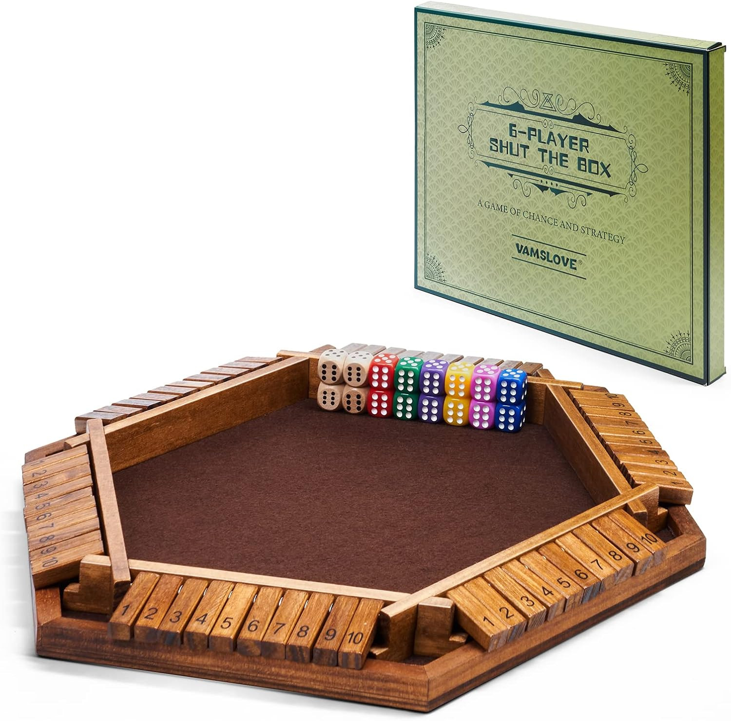 Shut The Box Dice Game Wooden Board (L15 x W13) for 1 2 3 4 5 6 Player, 6 Sided