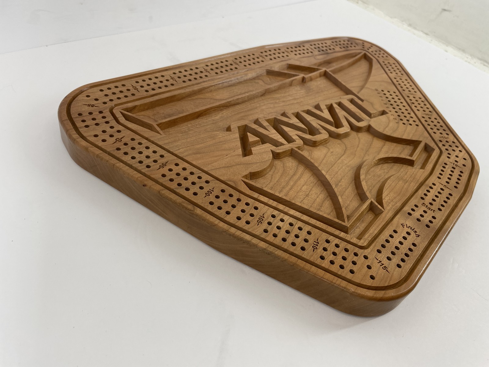 RS Brand Custom Wood Cribbage Board with Anvil Design & Peg Storage