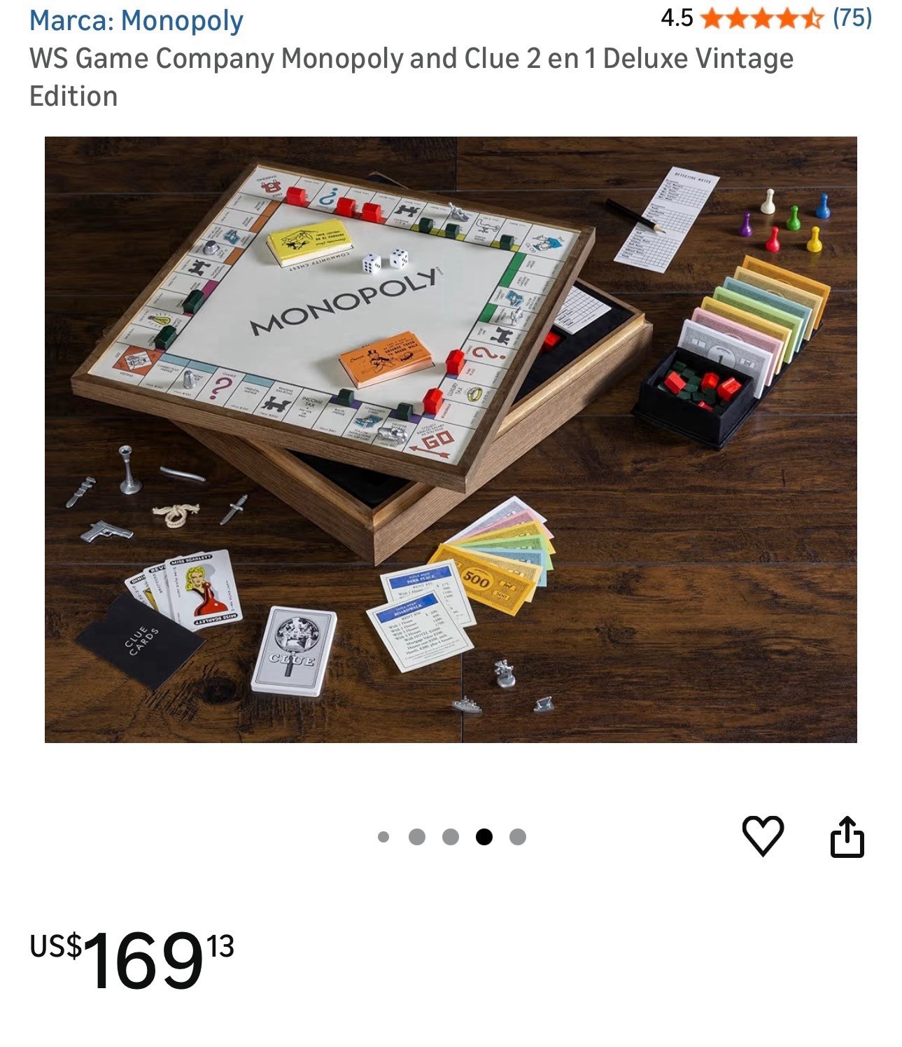 WS Game Company Monopoly & Clue Deluxe Vintage Edition Reversible Board Game Set