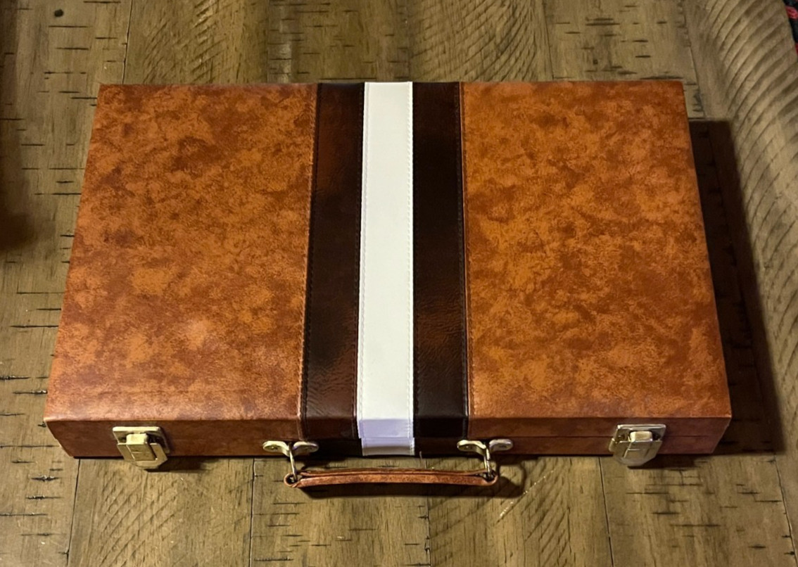 Vintage Backgammon Game in Case Set 15×19″ Complete Brown Tan White