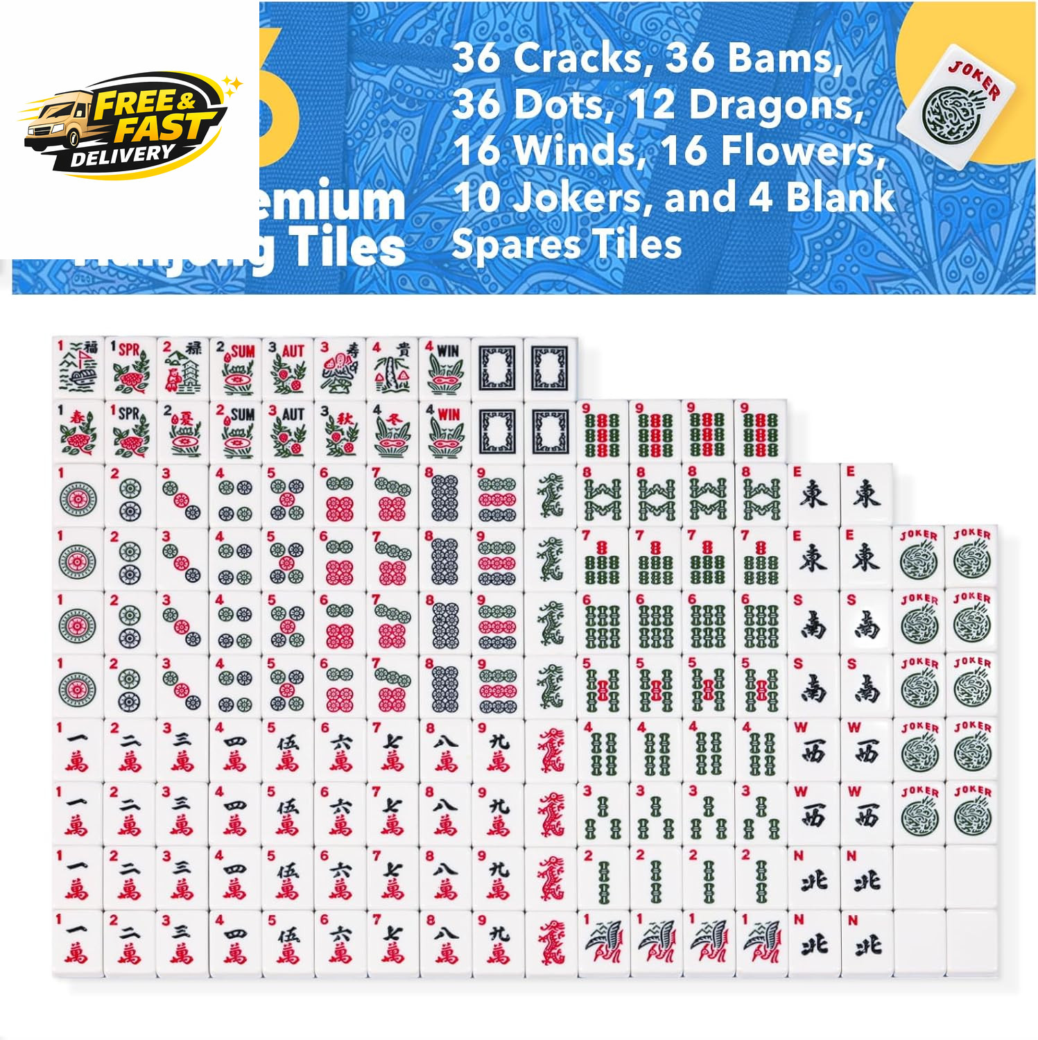 American Mahjong Tile Set with Blue Printed Carrying Bag, 166 Premium Tiles, 4 A