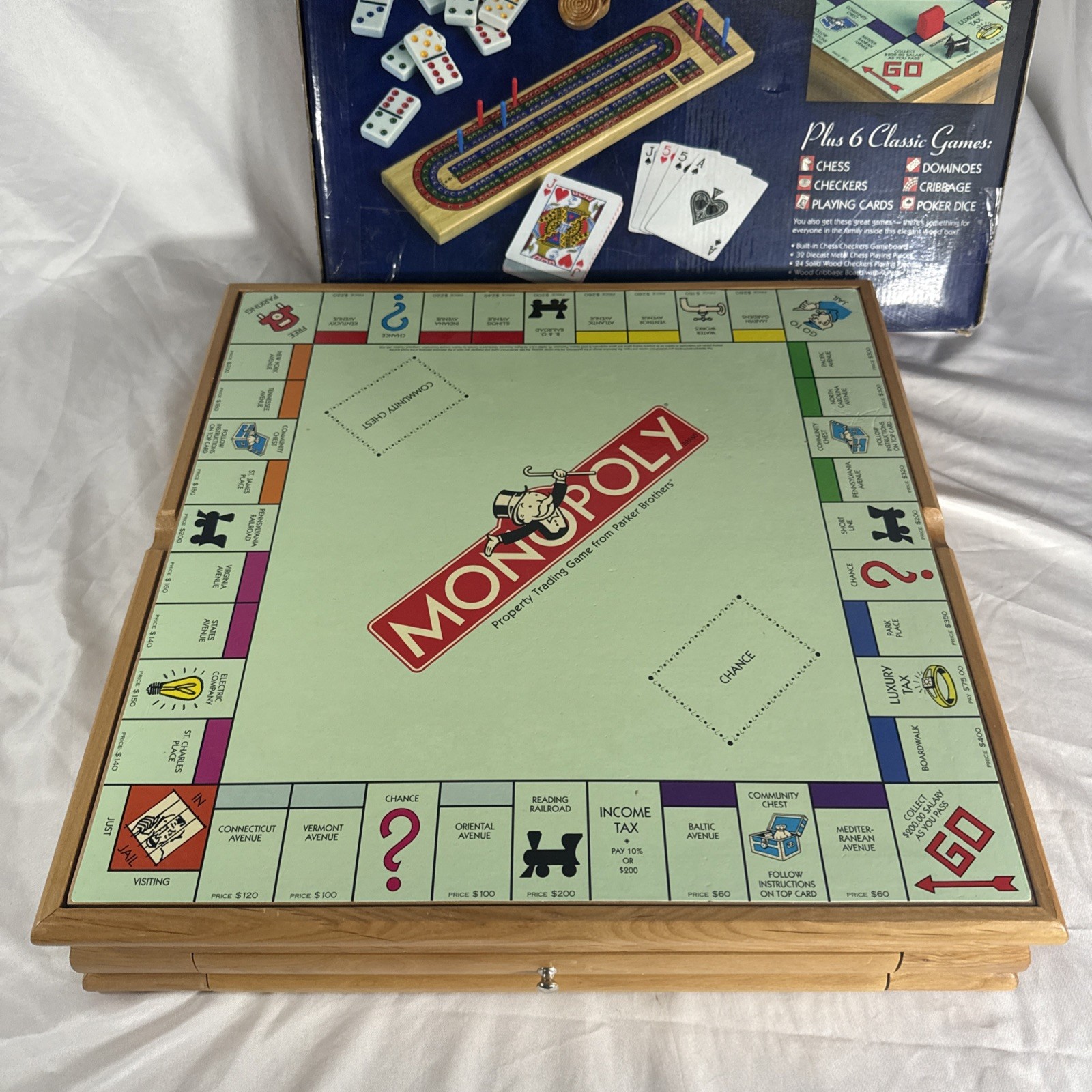 MONOPOLY SORRY Plus 6 Classic Games Tabletop Solid Wood Cabinet – Incomplete