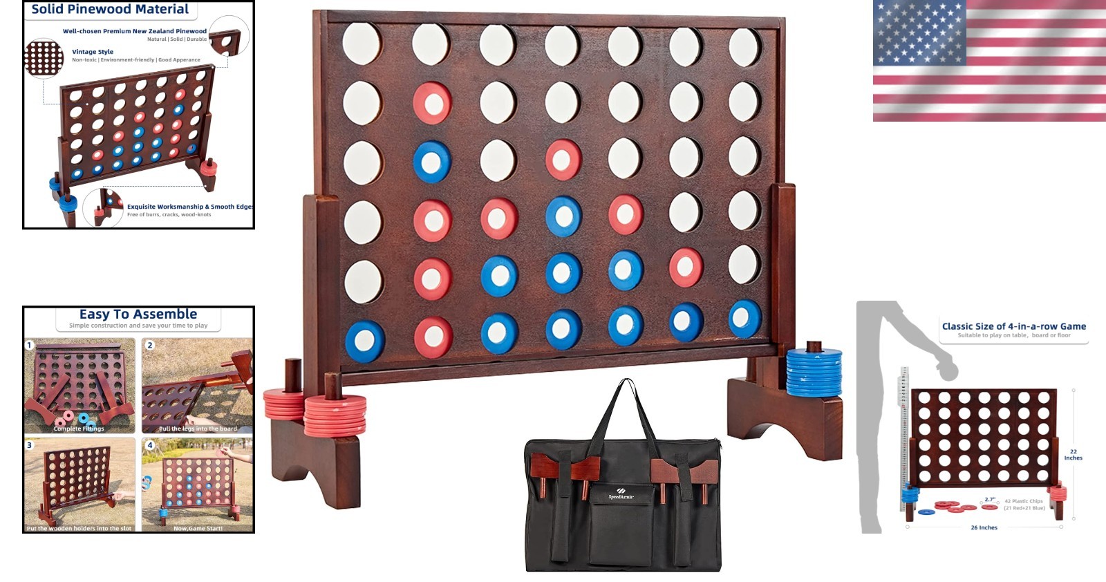 Giant Wooden 4 in A Row Game for Fun Indoor & Outdoor Play – 42 Discs Included