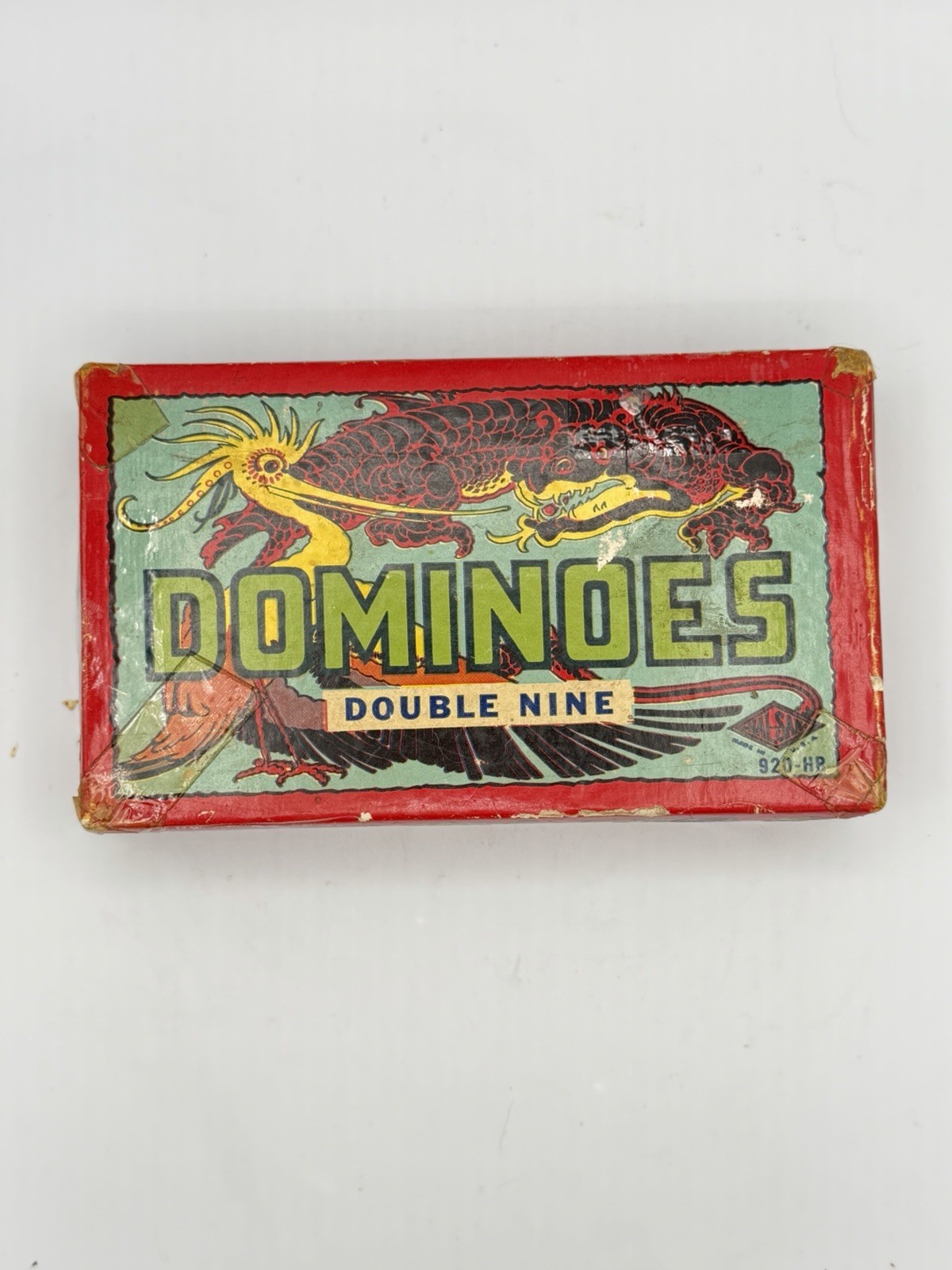 Vintage Double Nine Dominoes Dragon Box Colored Dots 55 Tiles Read