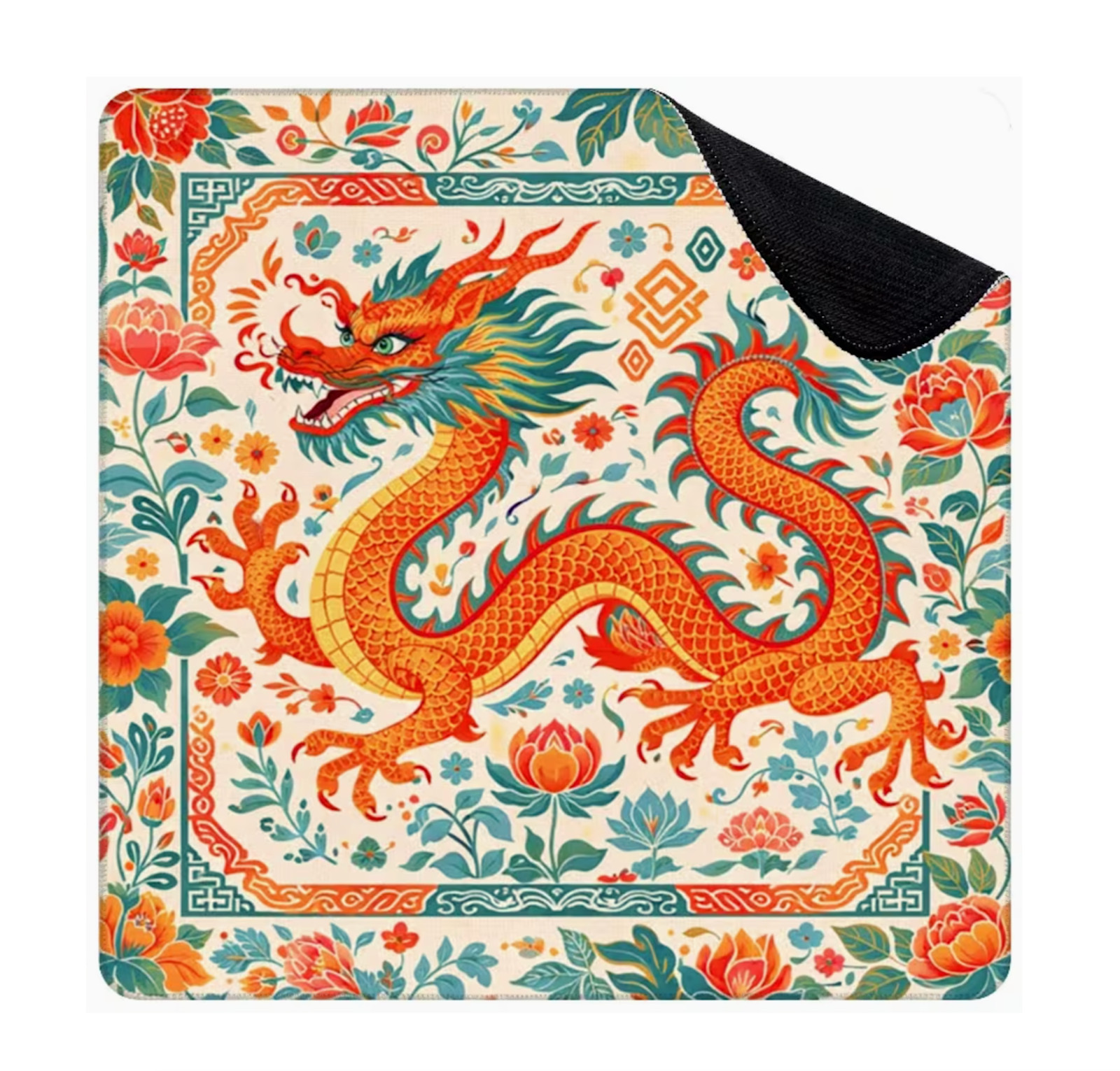 Mahjong Mat Fire Flower Dragon, pearl dice, 31.5″, neoprene back