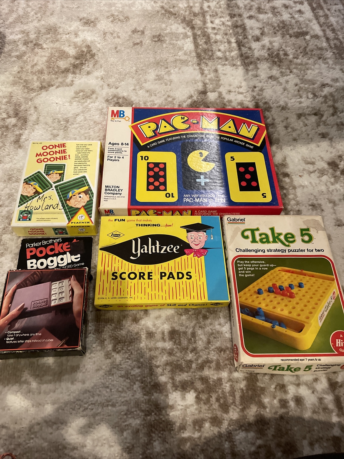 Vintage Lot Of Games Pac-Man Oonie Moonie Goonie Pocket Boggle Yahtzee Take 5