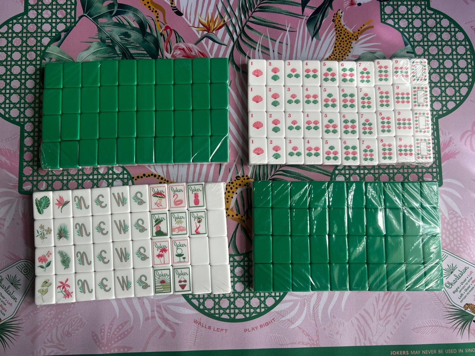 Green and Pink | American Mahjong Tile Set Beachy vibe with Cheetah Palm Mat