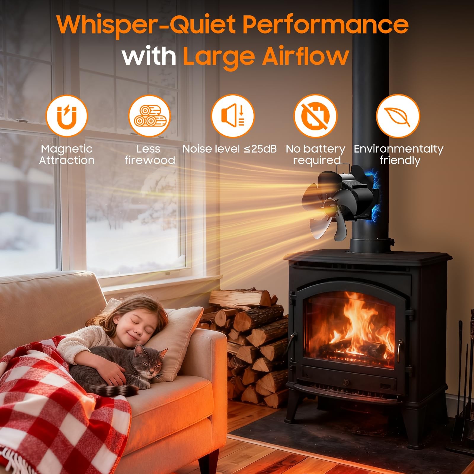 BOBEN Magnetic Wood Stove Fan with Thermometer, Heat Powered Fireplace Black