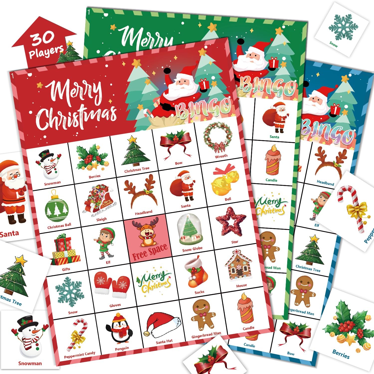46PCS Christmas Bingo Game Cards for 30 Players Christmas Party Games for Kids