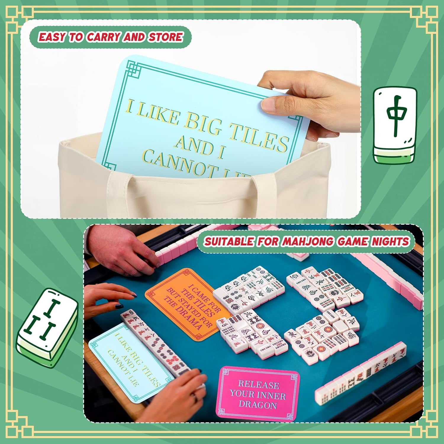 Mahjong Tile Shuffler Set with Traditional Frame and Fun Sayings, 4 Pieces