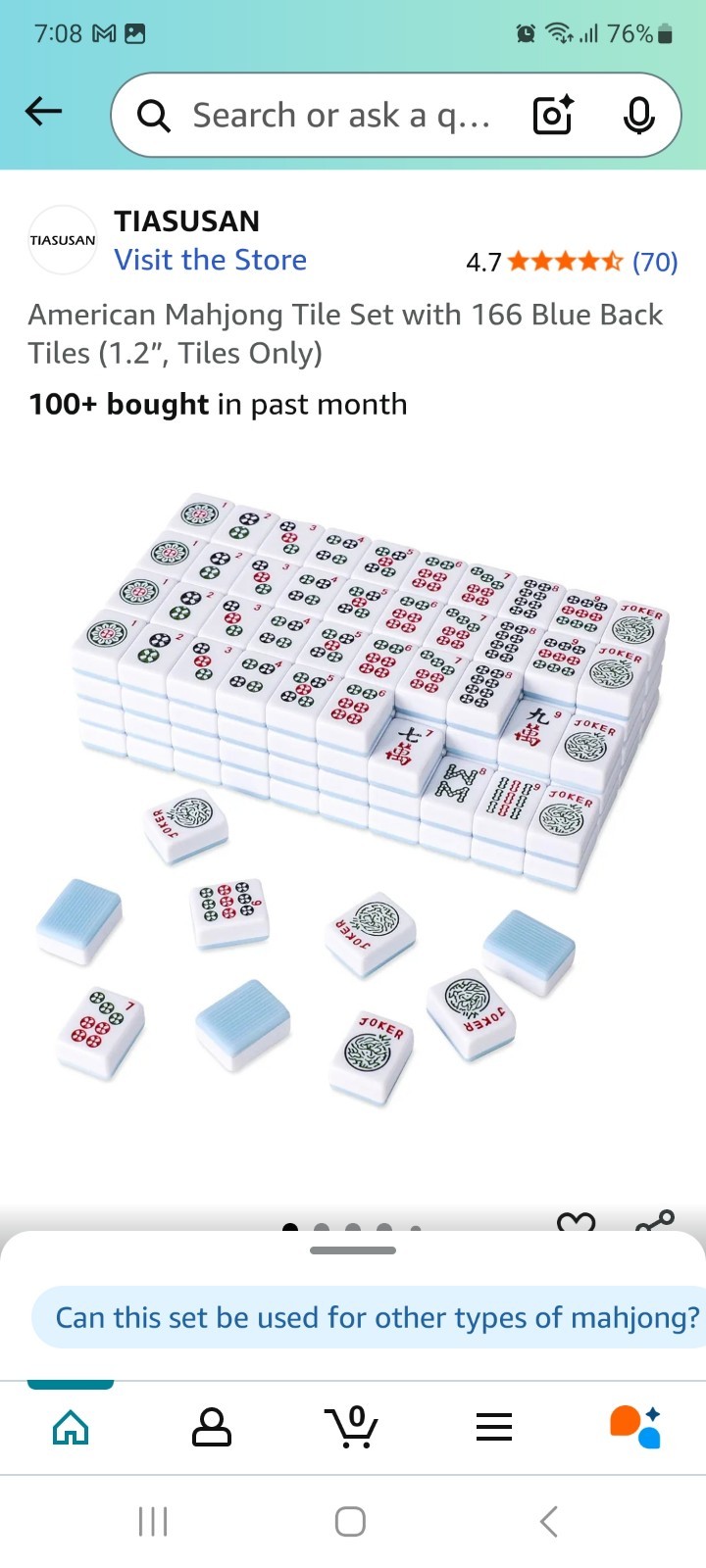 American Mahjong Tile Set with 166 Blue Back Tiles (1.2”, Only)