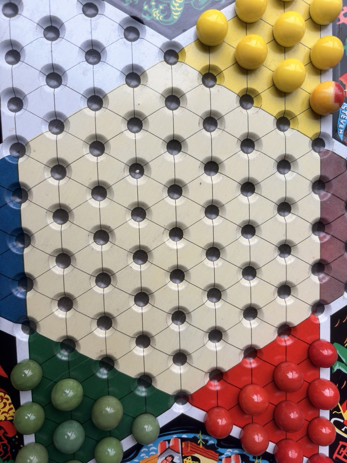 EARLY VTG STEVEN MFG. PIXIE GAME METAL CHINESE CHECKER BOARD TOP ONLY W/MARBLES