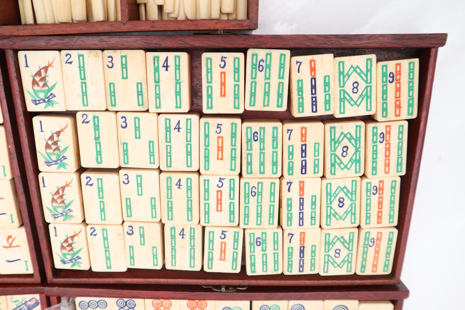 ATQ MAH JONGG SET BONE BAMBOO RARE HAND Carved mahjong THICK TILES Wood Case_)