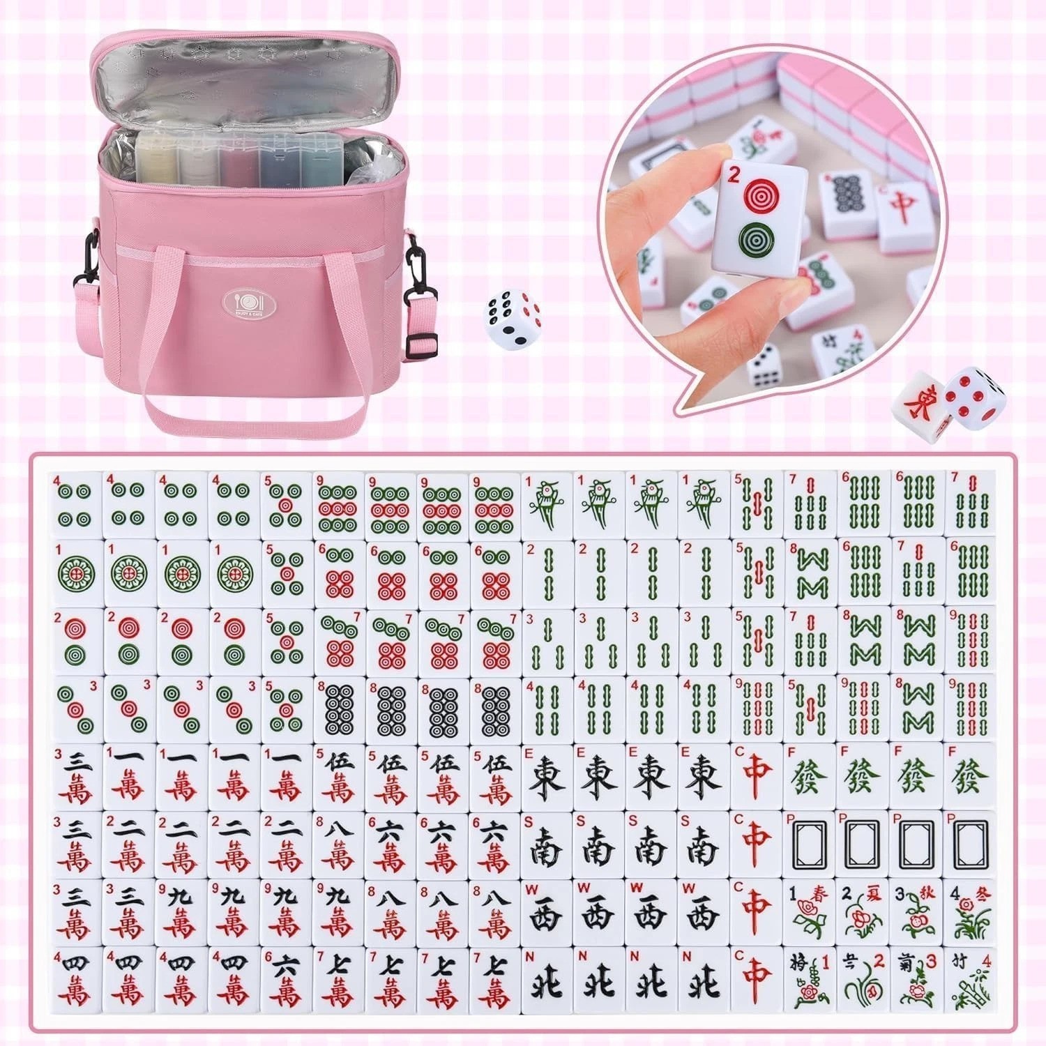 Chinese Mahjong Game Set, 144 Numbered Melamine 1.42″ Size TilesPink and 8 Bl…