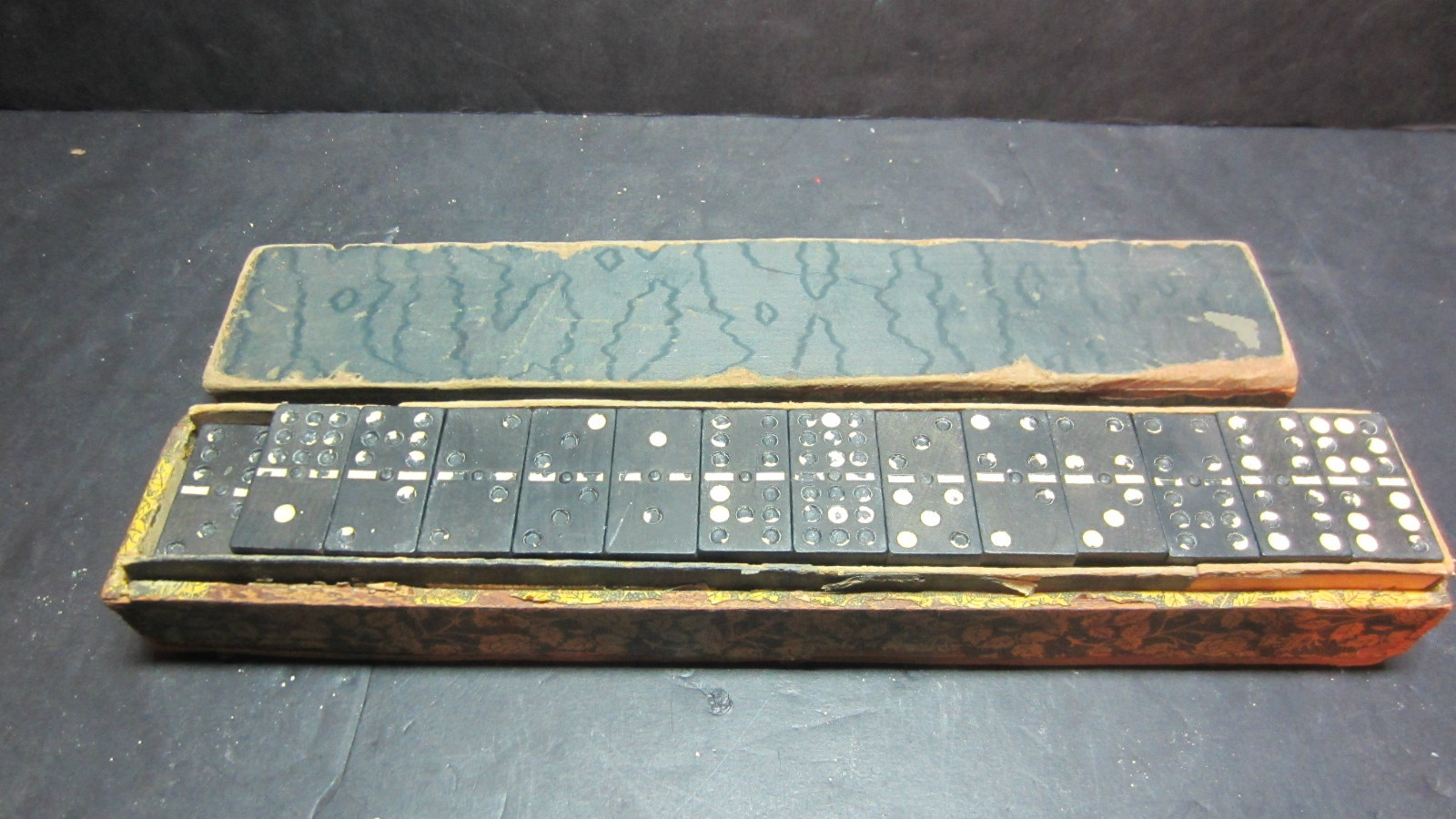 Vintage Wood Dominoes White Dots Shedding 55 Pieces in Old Floral Wood Box Worn