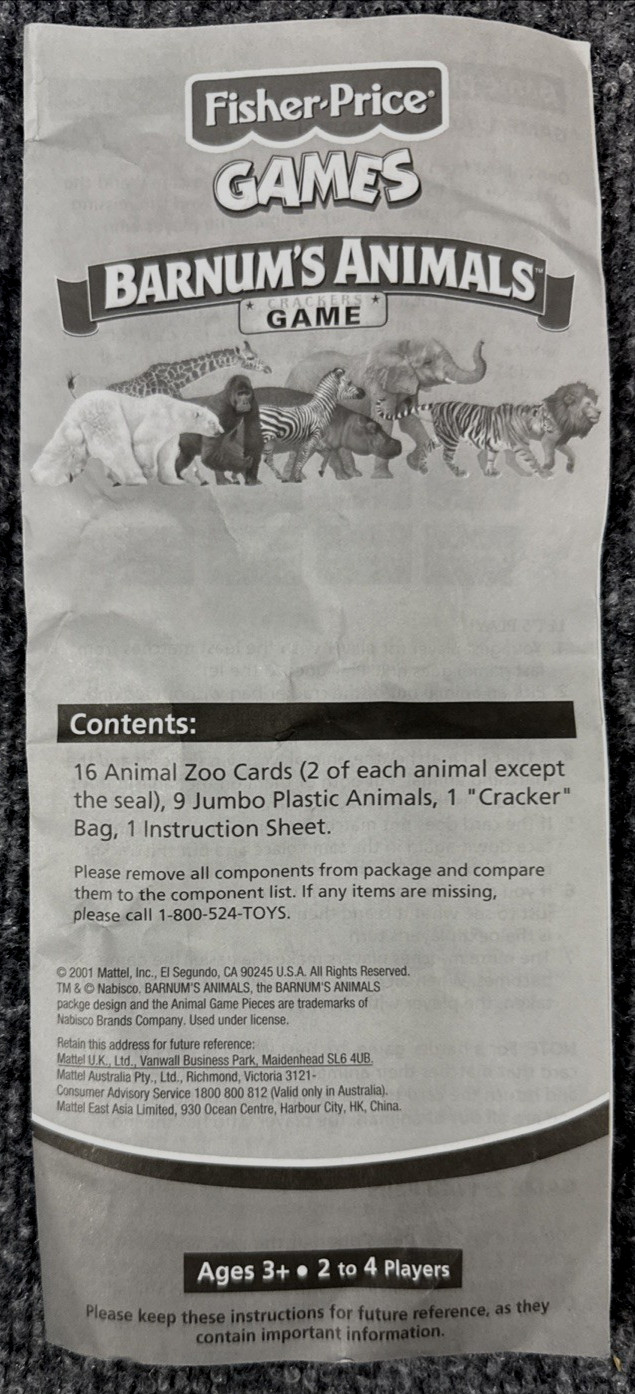 Fisher Price 2001 Barnum’s Animals Crackers Card Game Matching & Memory COMPLETE