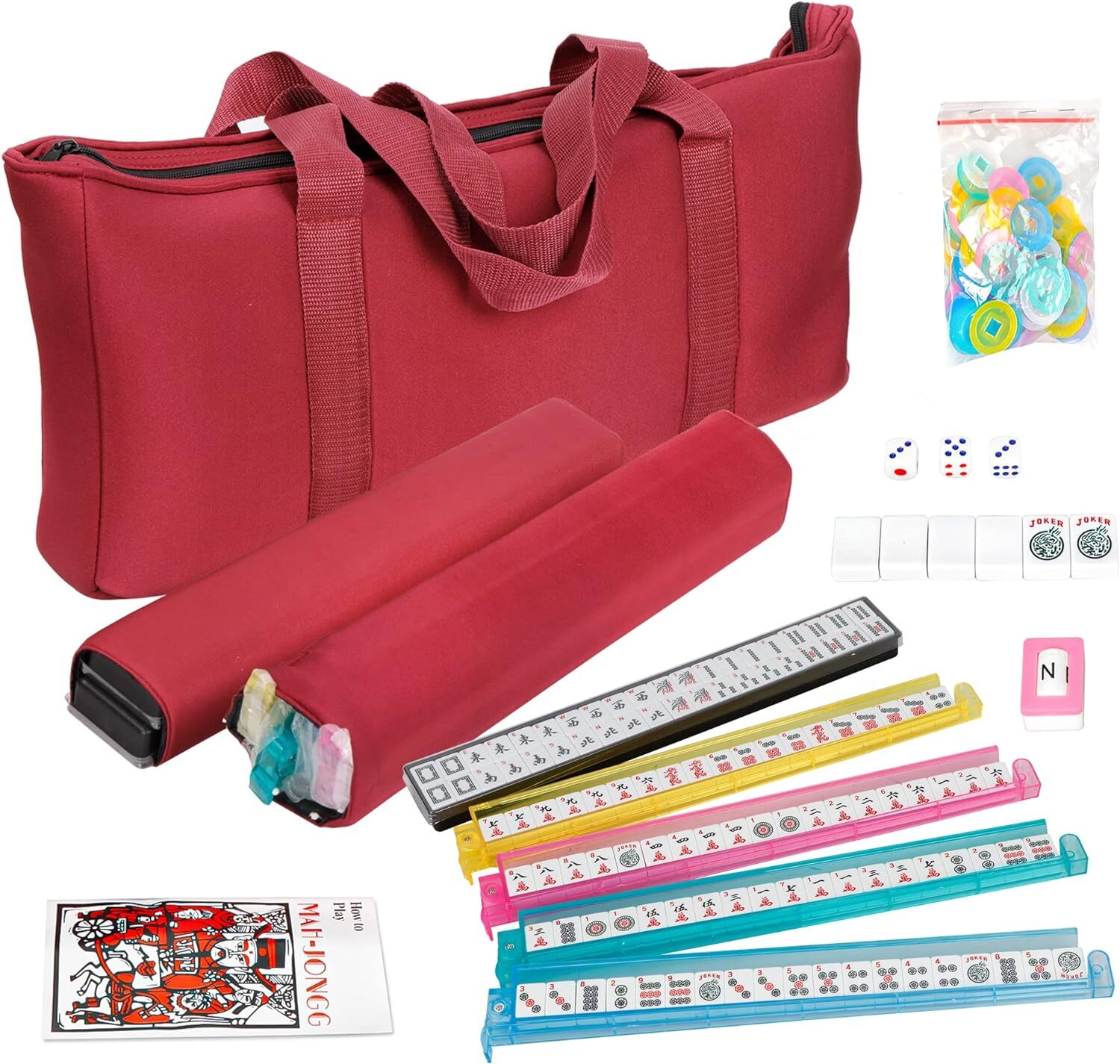 166 Tiles American Mahjong Mah Jongg Set 4 All-in-One Rack/Pushers w/ Red Bag