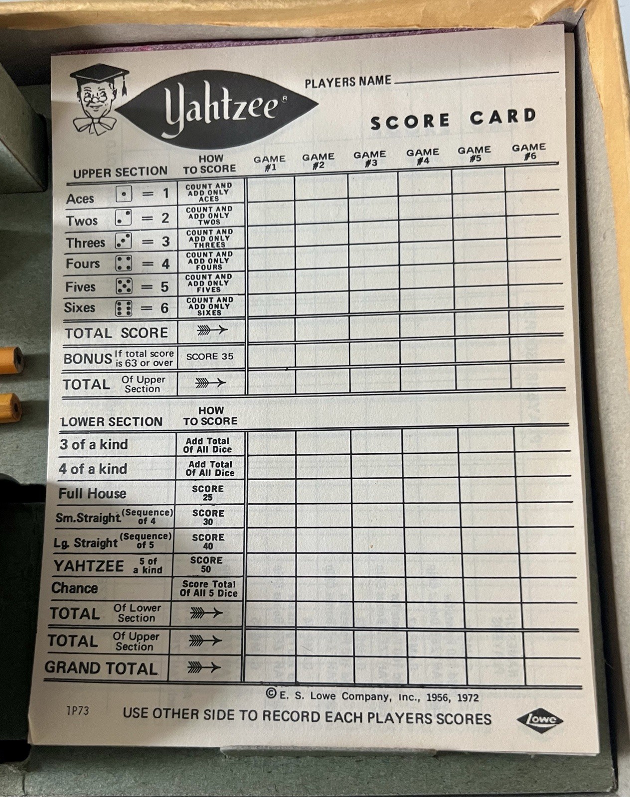 Vintage 1956 Yahtzee Complete E.S. Lowe Dice Game w Dice Cup Box Manual VG! MCM