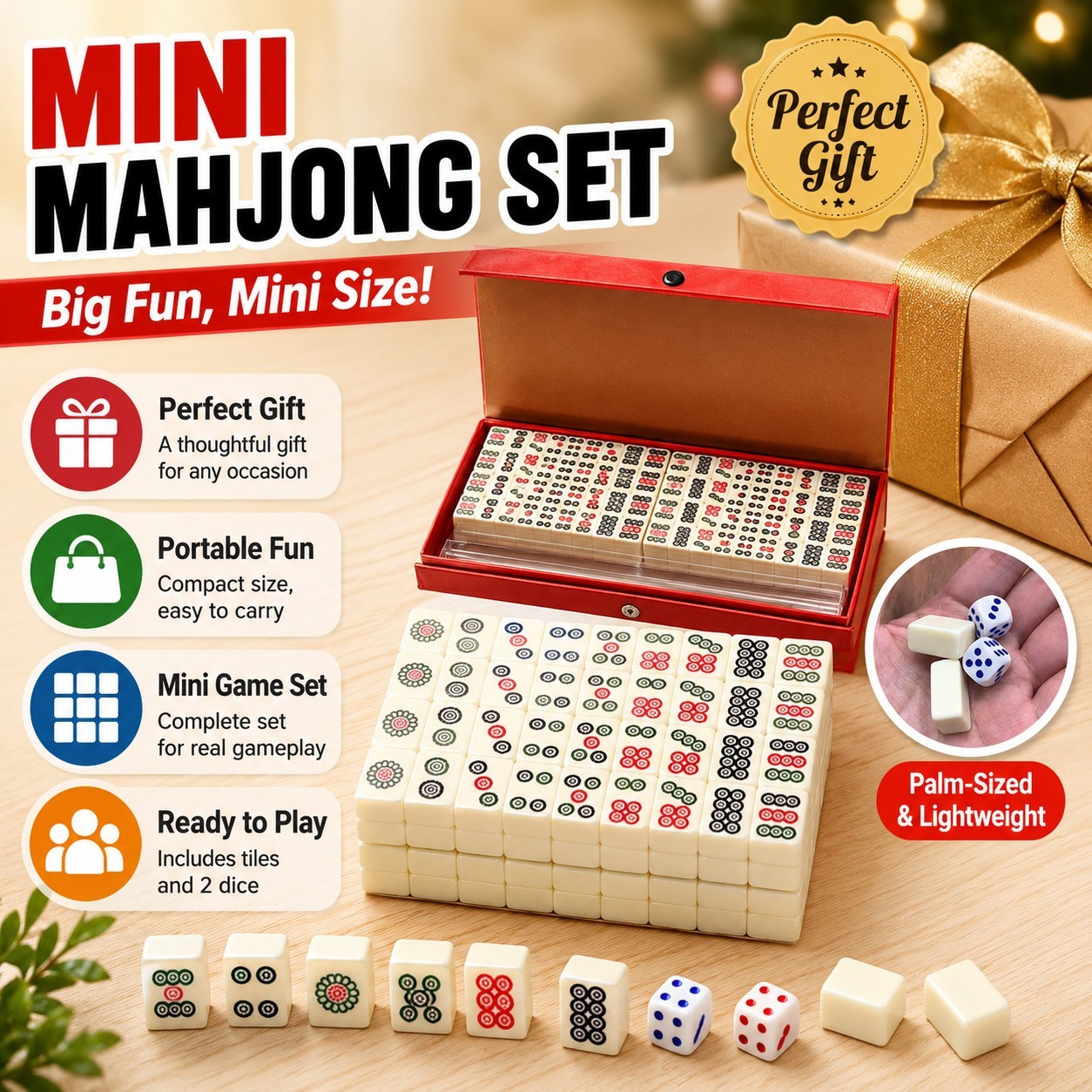 Travel Size Mahjong Set 144 Tiles 2 Dice Compact Red Case Family Gift Game