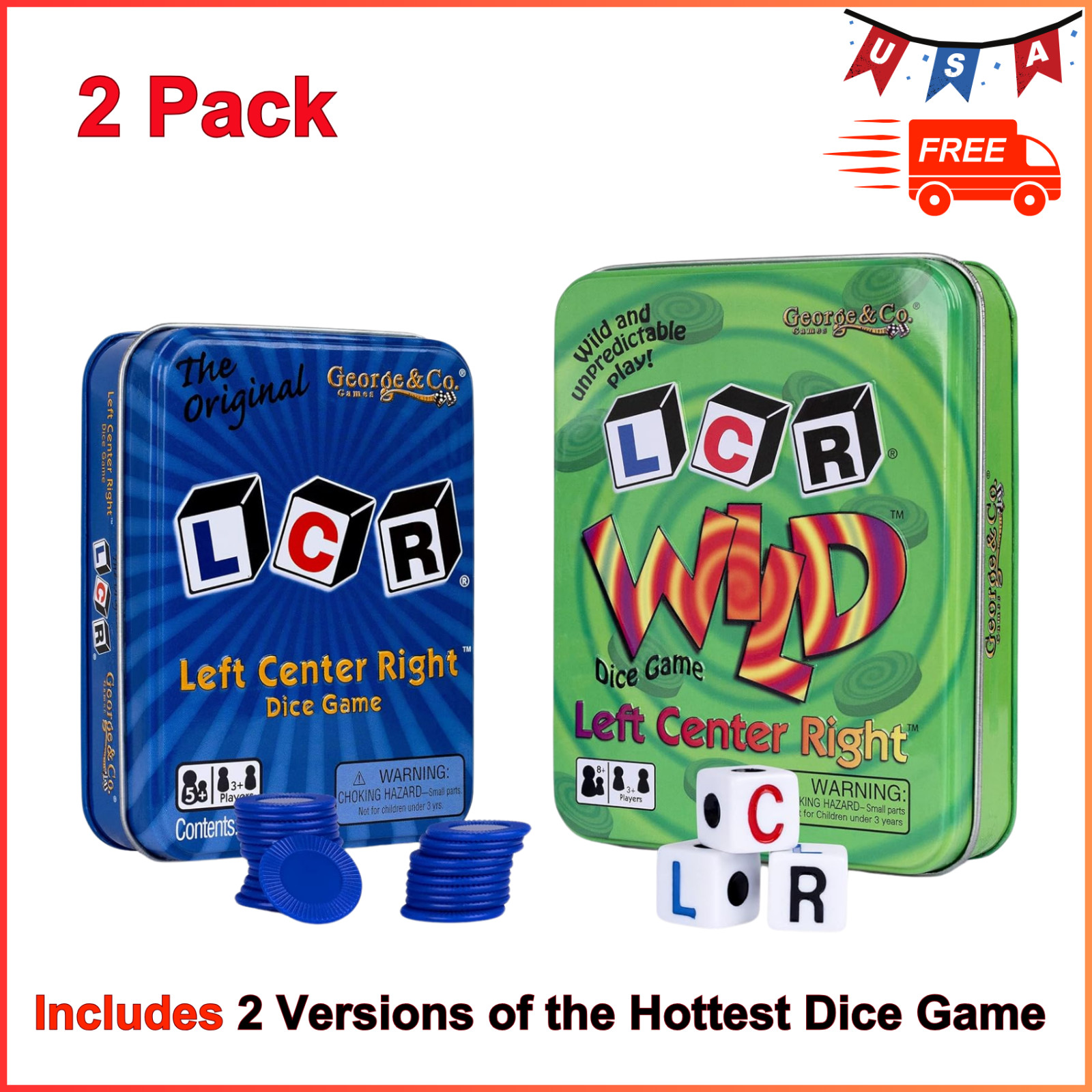 LCR (Left Right Center) in Blue & Dice Game in Green Tin Gift Set Bundle – 2Pack