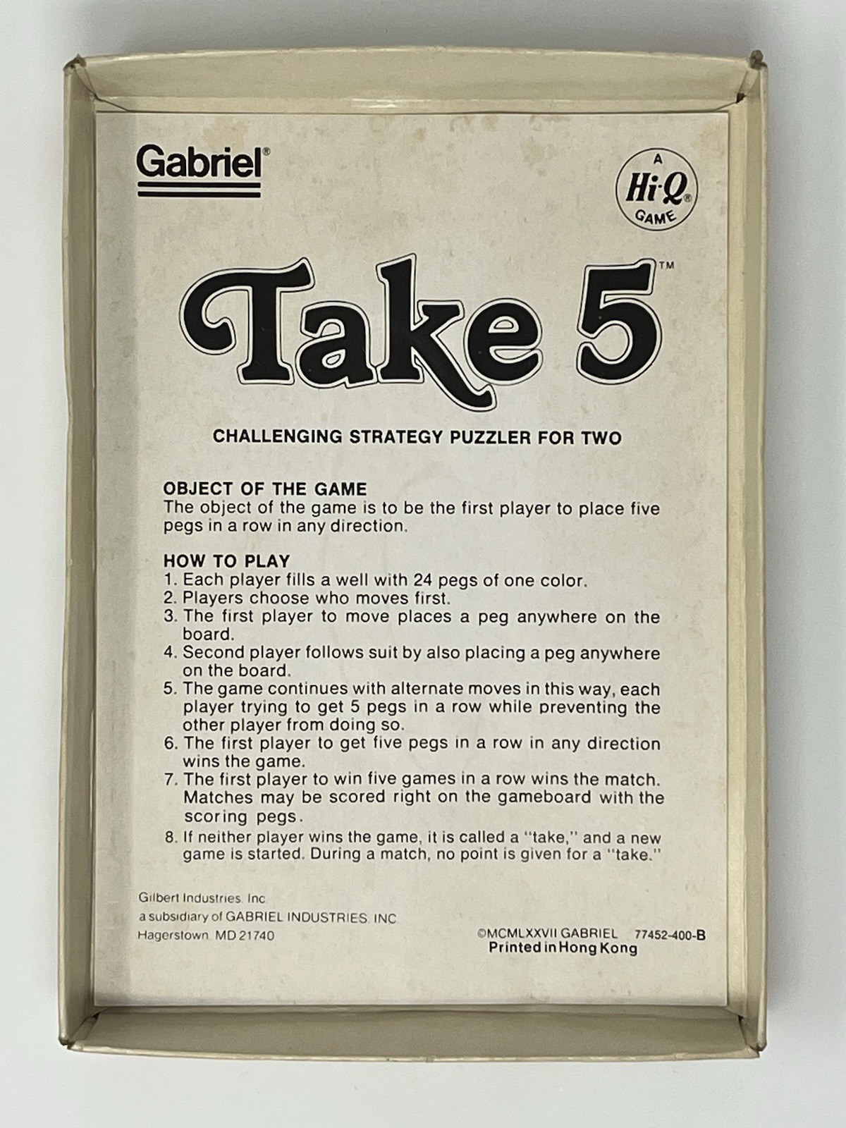 Gabriel Take 5 Strategy Game 2 Players A Hi-Q Game Vintage 1977