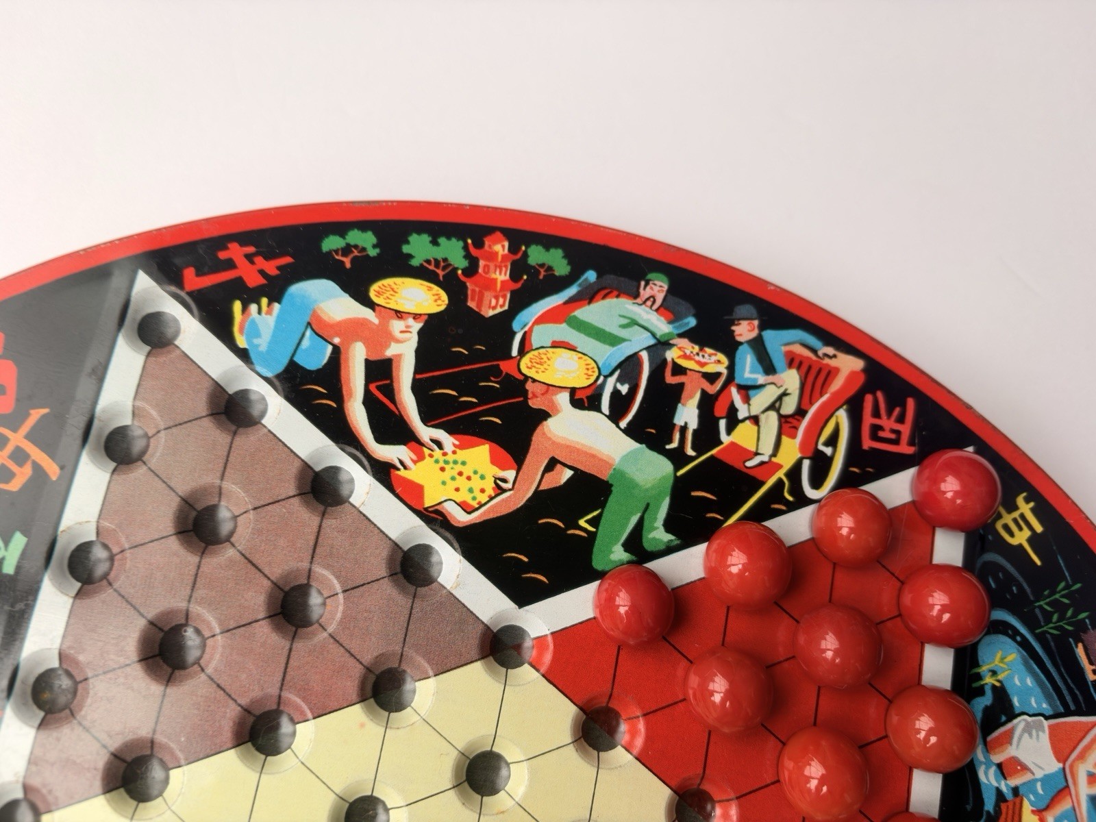 EARLY VTG STEVEN MFG. PIXIE GAME METAL CHINESE CHECKER BOARD TOP ONLY W/MARBLES