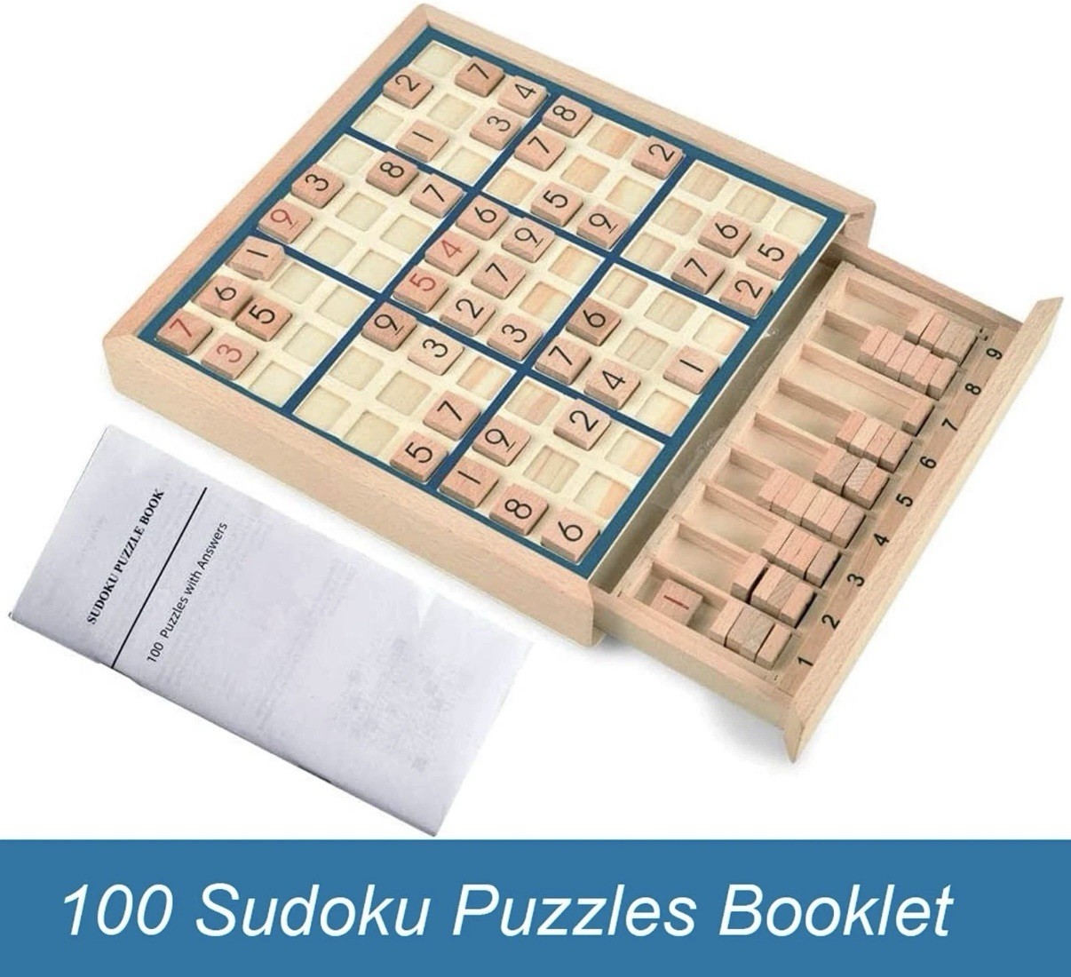 Wooden Sudoku Board Game with Drawer – 100 Puzzles Sudoku Book for Adults & Kids